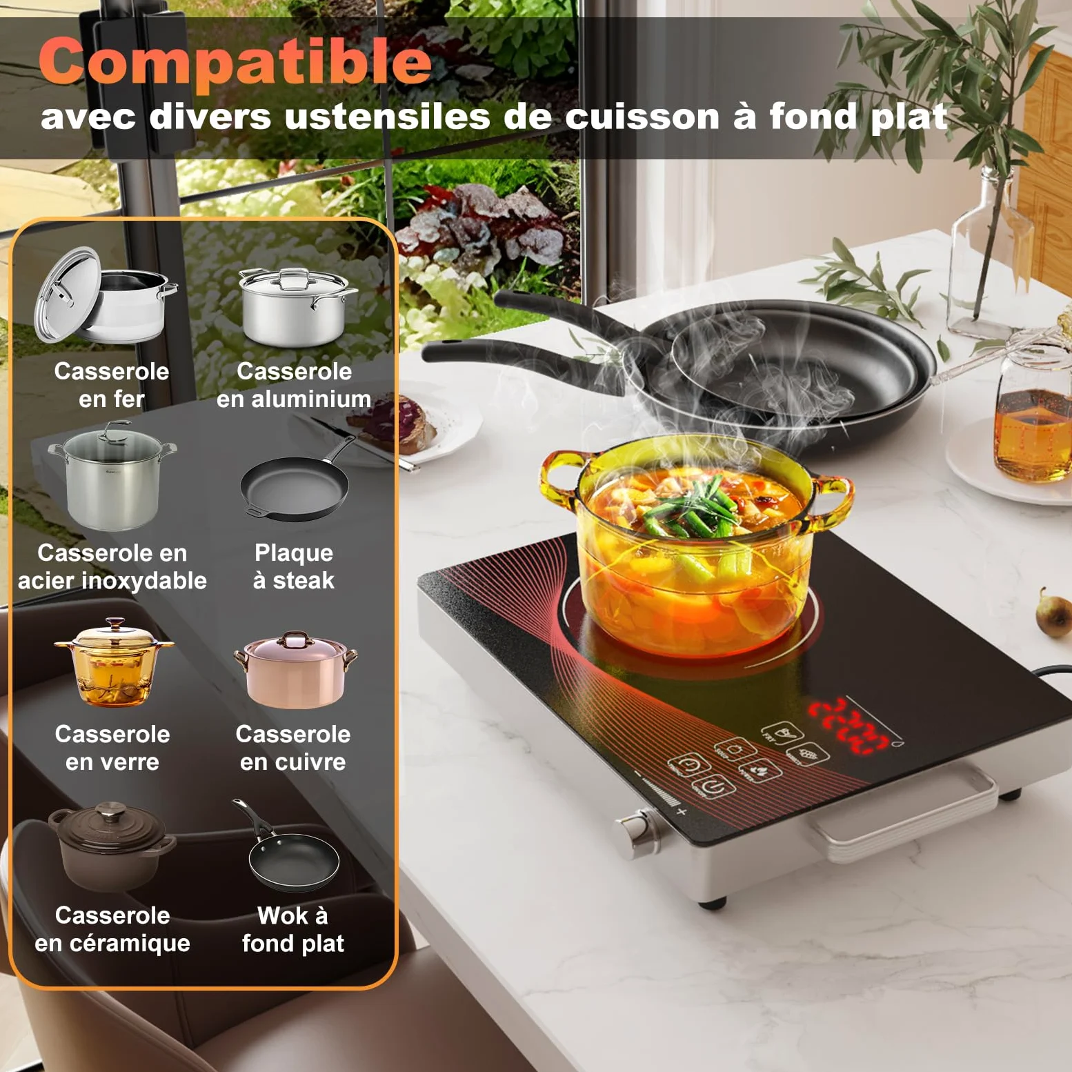 Plaque Vitrocéramique 1 Feu 2200W, Portable Plaque Électrique avec Minuterie, Verrouillage de Sécurité, Commande Bouton, Cuisson Sans Flamme, Surface en Verre Noir