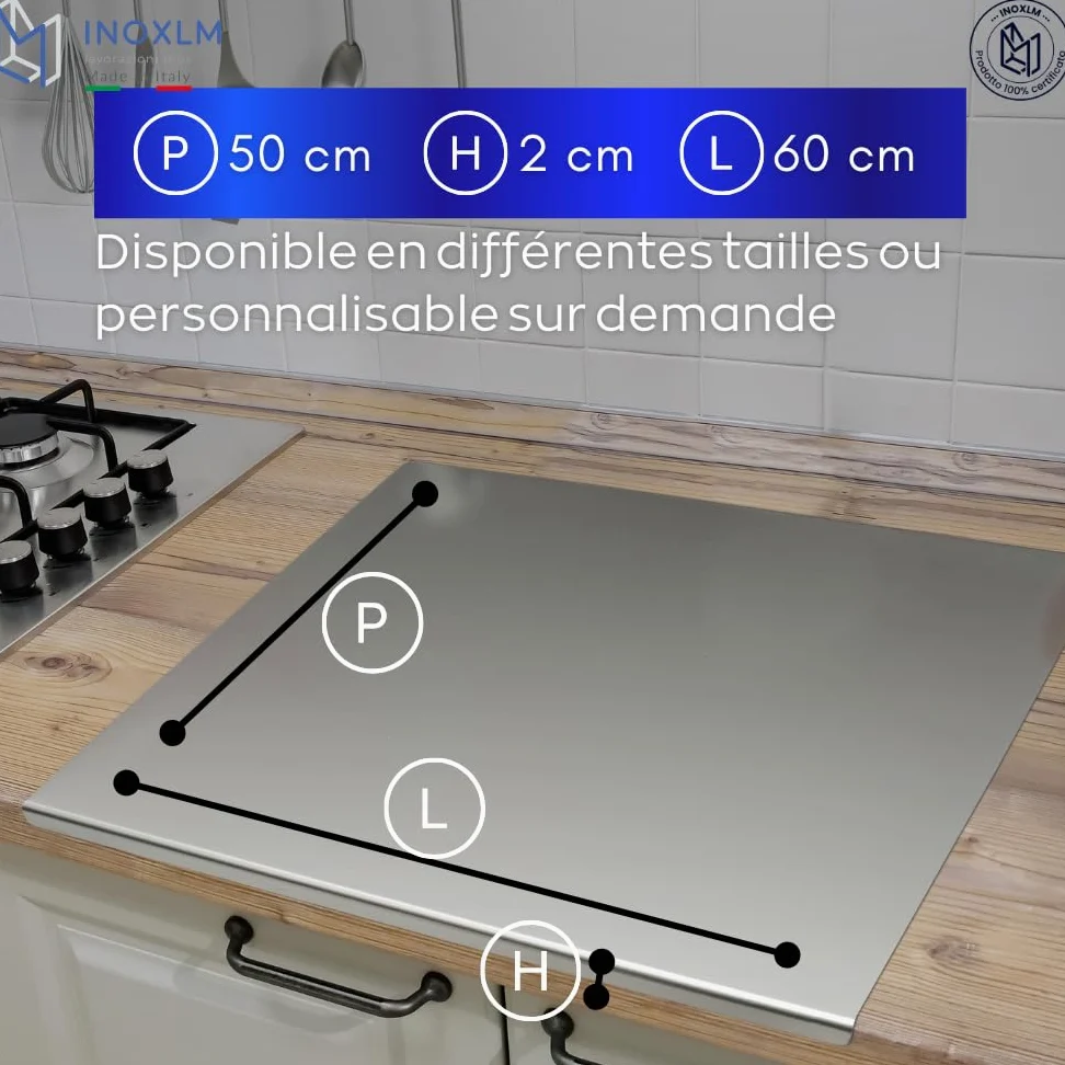 INOXLM Plaque Inox Cuisine 60x50cm en acier Inoxydable, Planche a decouper inox différentes tailles pour Cuisine, Bar, Restaurant Planche à Pétrir Inox pour Pain et Pizza(Hauteur 2cm)