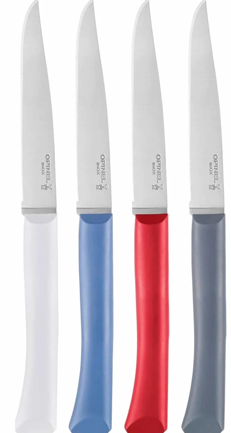 Opinel - Coffret 4 Couteaux de Table Bon Appétit+ Primo - Lame Denture Velours INOX - Manche Confort - Fabrication Française - Bleu, Rouge, Nuage, Anthracite