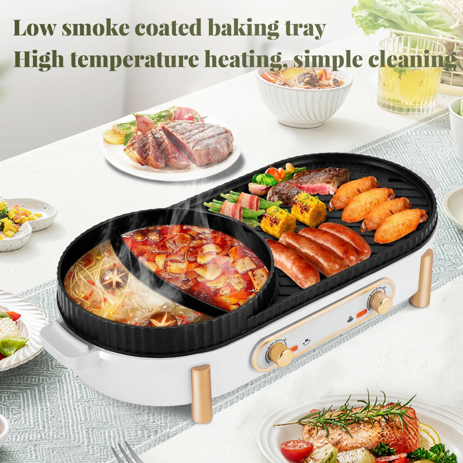YJINGRUI Hot Pot électrique 2200W gril électrique Hot Pot Grill 2 en 1 pot hotpot et plaque de gril avec 2 réglages de température indépendants pour 3-12 personnes