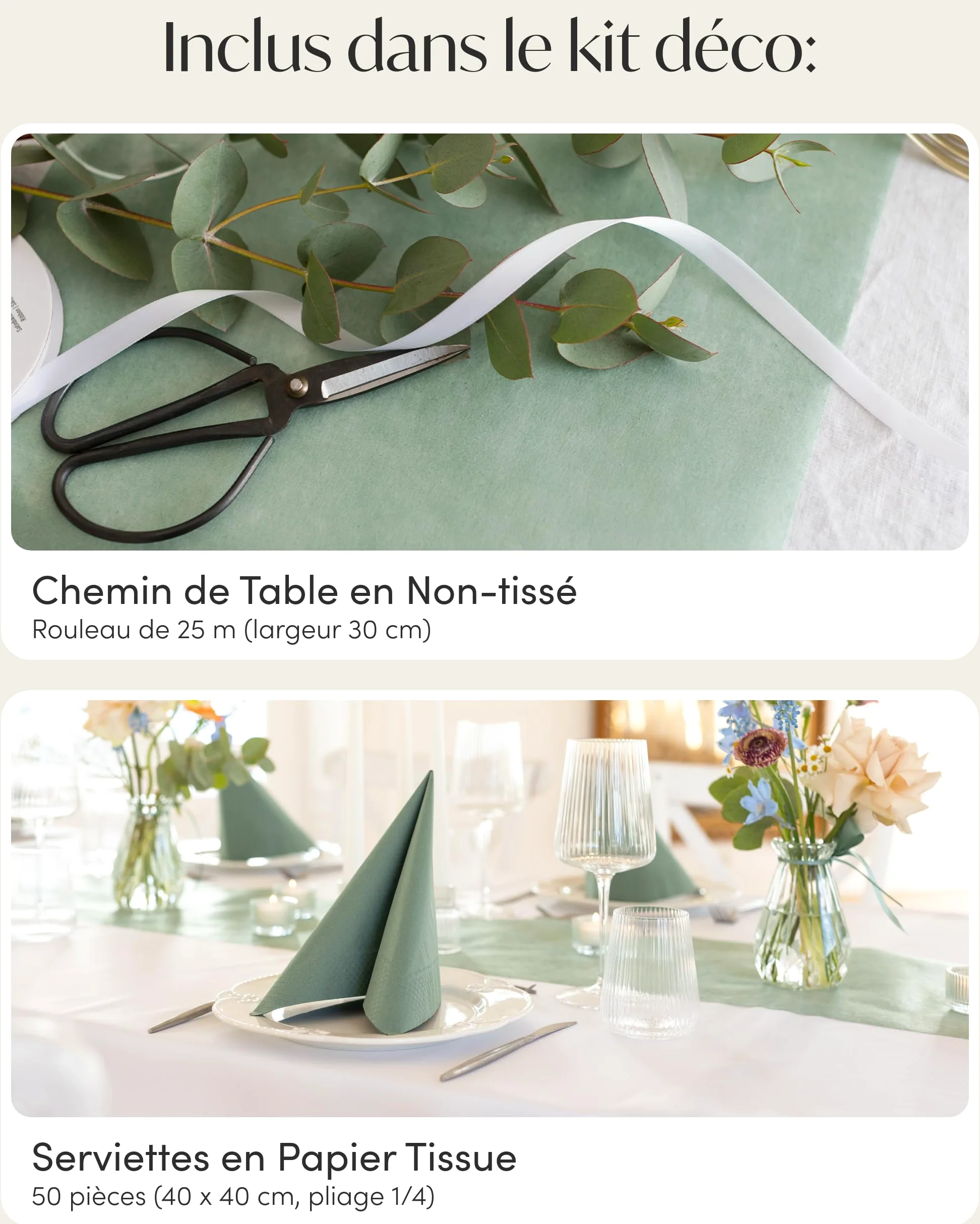 100% Mosel Kit de décoration de table – Vert Eucalyptus (25–50 Invités) | Chemin de Table en Intissé & Serviettes en Papier pour Mariage, Baptême, Communion & Anniversaire