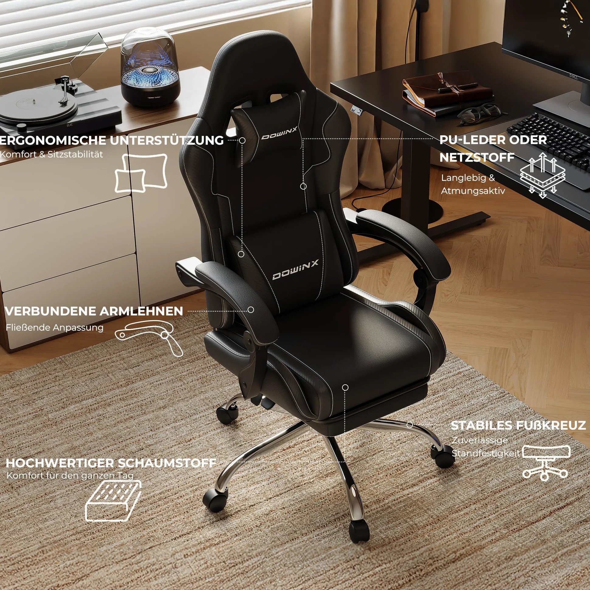Dowinx - Chaise gaming - Ergonomique - Chaise de bureau pour gamer avec appuie-tête réglable, accoudoirs, et repose-pieds - Inclinaison du dossier réglable jusqu'à 150° - Charge maximale de 180 kg