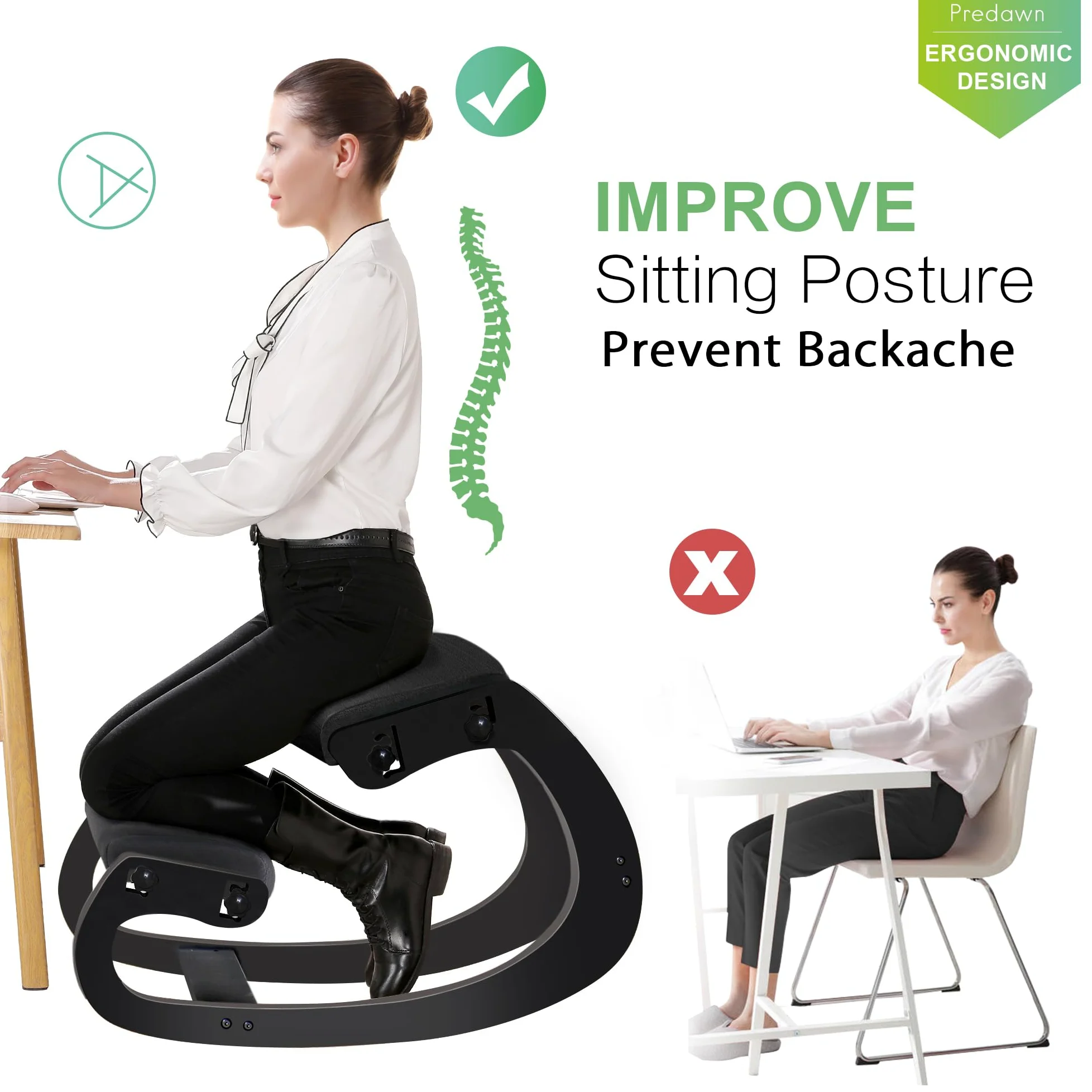 Predawn Siège Assis à Genoux, Siege Ergonomique, Chaise Ergonomique, Tabouret Ergonomique, Coussin en Bois et en Lin, Soulager Les Douleurs au Dos et au Cou et Améliorer la Posture (Noir)