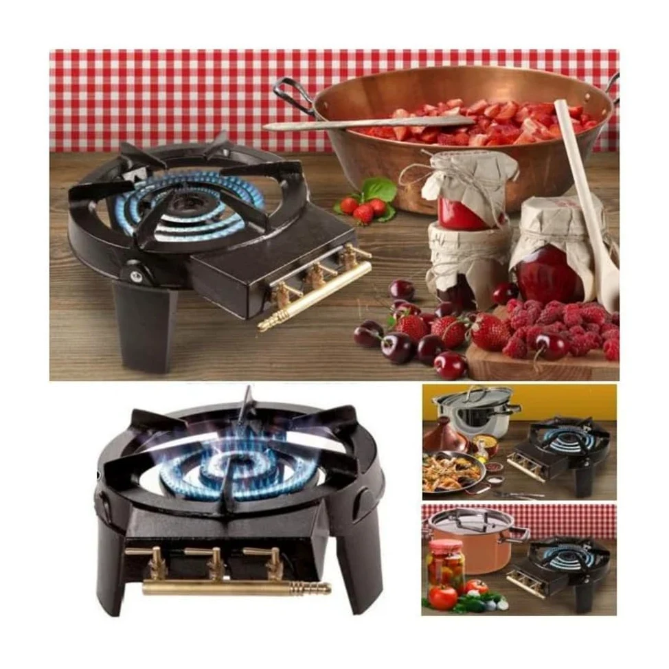 Réchaud à Gaz en Fonte Véritable 9kW Noir – 2 Brûleurs Puissants pour Grands Volumes – 3 Pieds Robustes, 3 Robinets en Laiton – Cuisson Extérieure Camping, Fête, Grosse Marmite, Alambic, Stérilisation