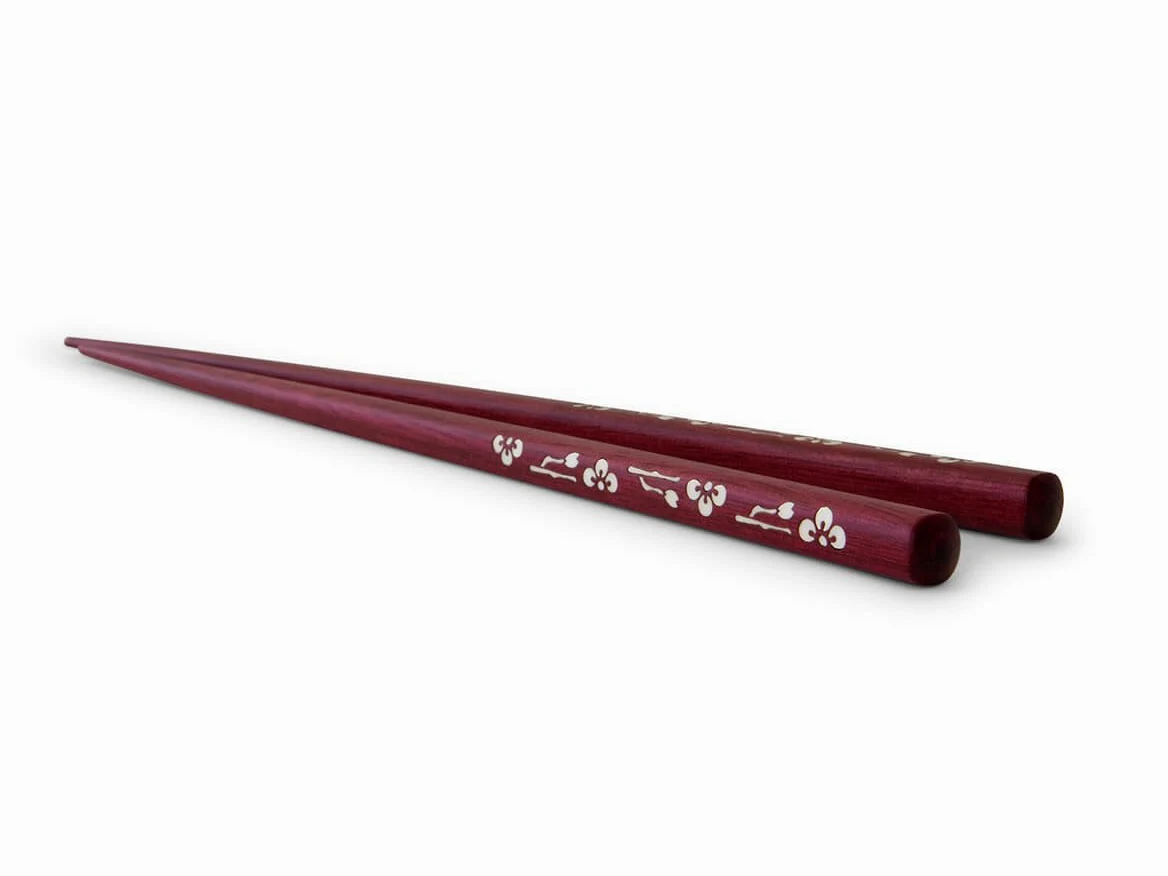 Original Baguettes japonaises Komachi Sakura Pourpre Purple Heart (Bois). 21 cm de Long, Incrustation. de Magnifiques Fleurs Véritables handwerks en en Japonais, avec Emballage Cadeau