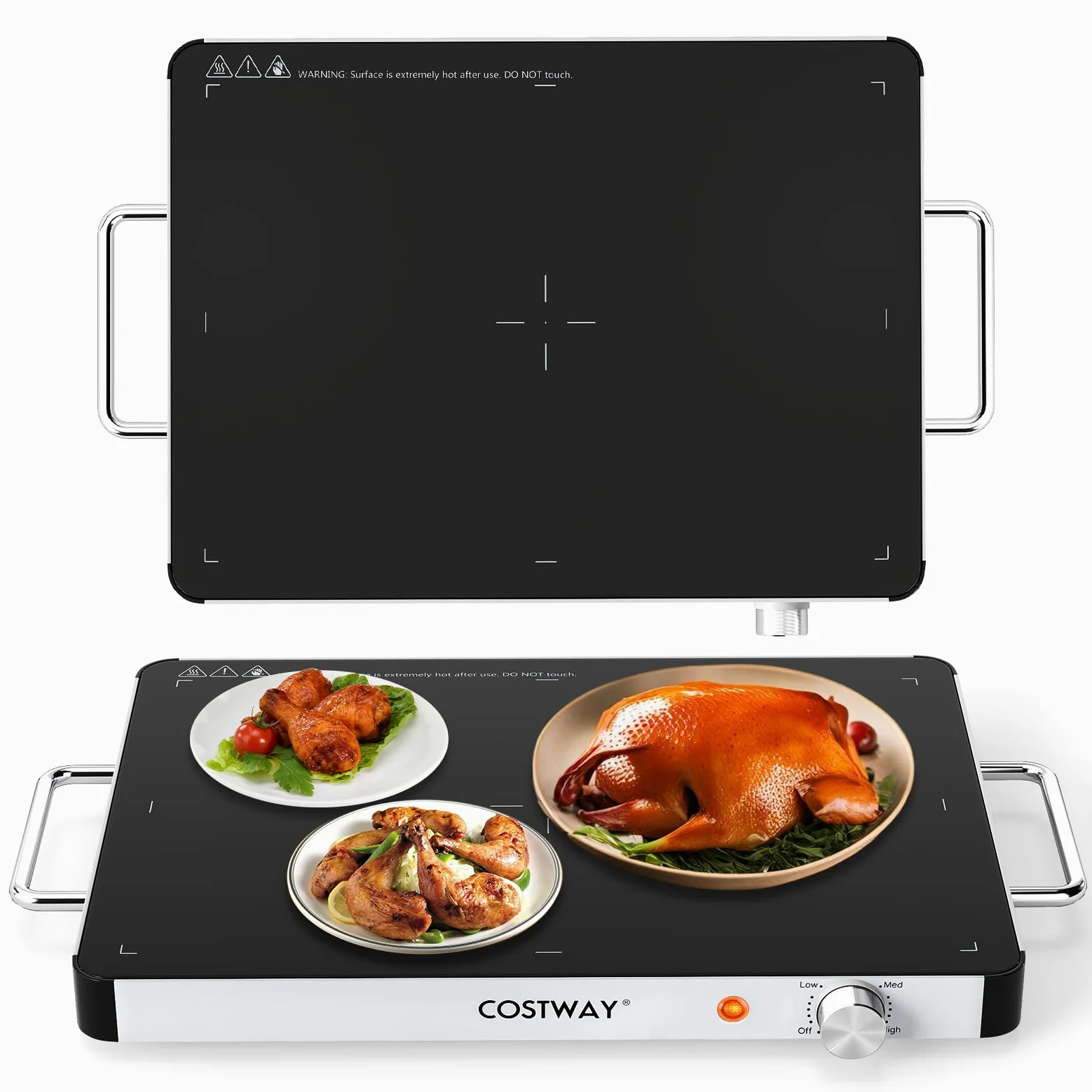COSTWAY Chauffe Plat Électrique, Plateau Chauffant Électrique, Réchauffeur de Nourriture en Verre Trempé avec Température Réglable, Poignées Anti-Brûlure, pour Fêtes, Buffets, Vacances (40 x 30 cm)