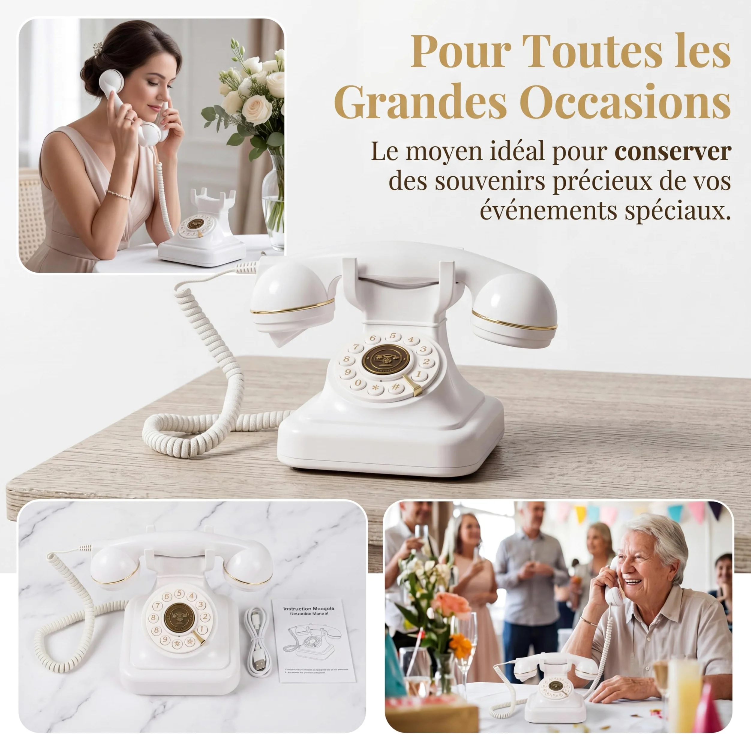 Livre Audio pour Mariage, téléphone au Design Vintage, enregistreur téléphonique, Laissant Un Message Vocal, téléphone Fixe pour Les Occasions, Téléphone de Livre d'or Audio de Mariage, Blanc