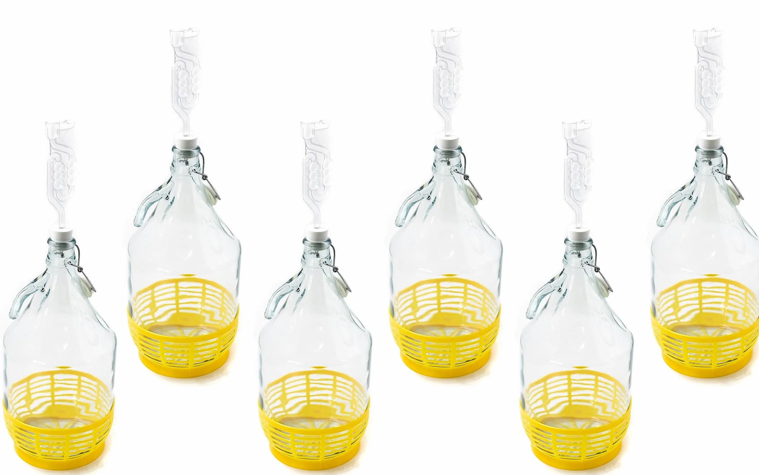 Bouteille bonbonne à col étroit avec couvercle pivotant, panier de protection, sas et bouchon pour la fabrication du vin, la fermentation, le stockage des boissons, verre transparent, 6 x 5 L