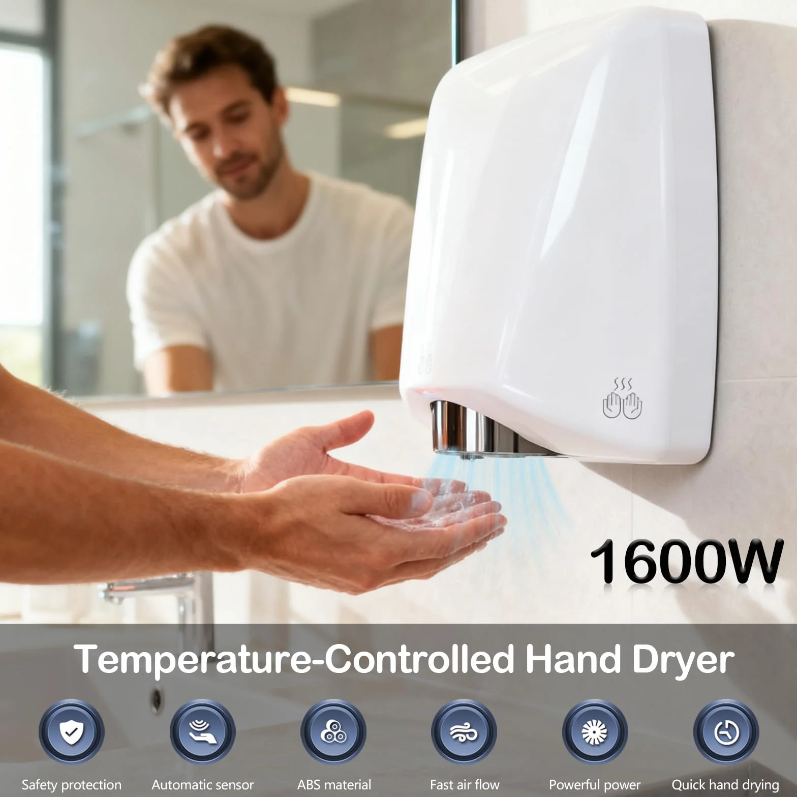 Sèche-Mains, Seche Main Électrique 1600 W 7-13 Secondes pour Sécher Sèche-Mains Automatique pour Montage Mural avec Capteur de Température et Capteur Infrarouge pour Cuisine Toilettes