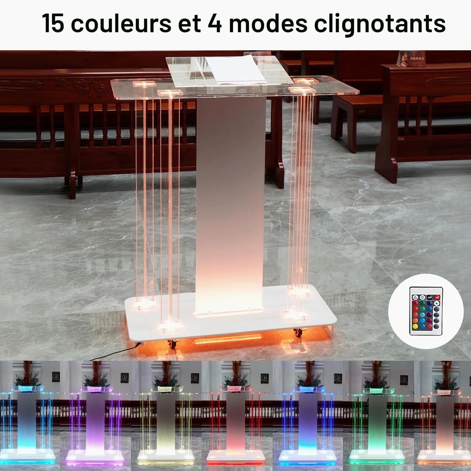 Afitdon Kirchen Kanzel Pupitre en Acrylique Transparent avec Roues et 15 Couleurs de lumière LED réglables, Grand Support Acrylique pour église, Concert, conférence, Mariage, Salle de Classe