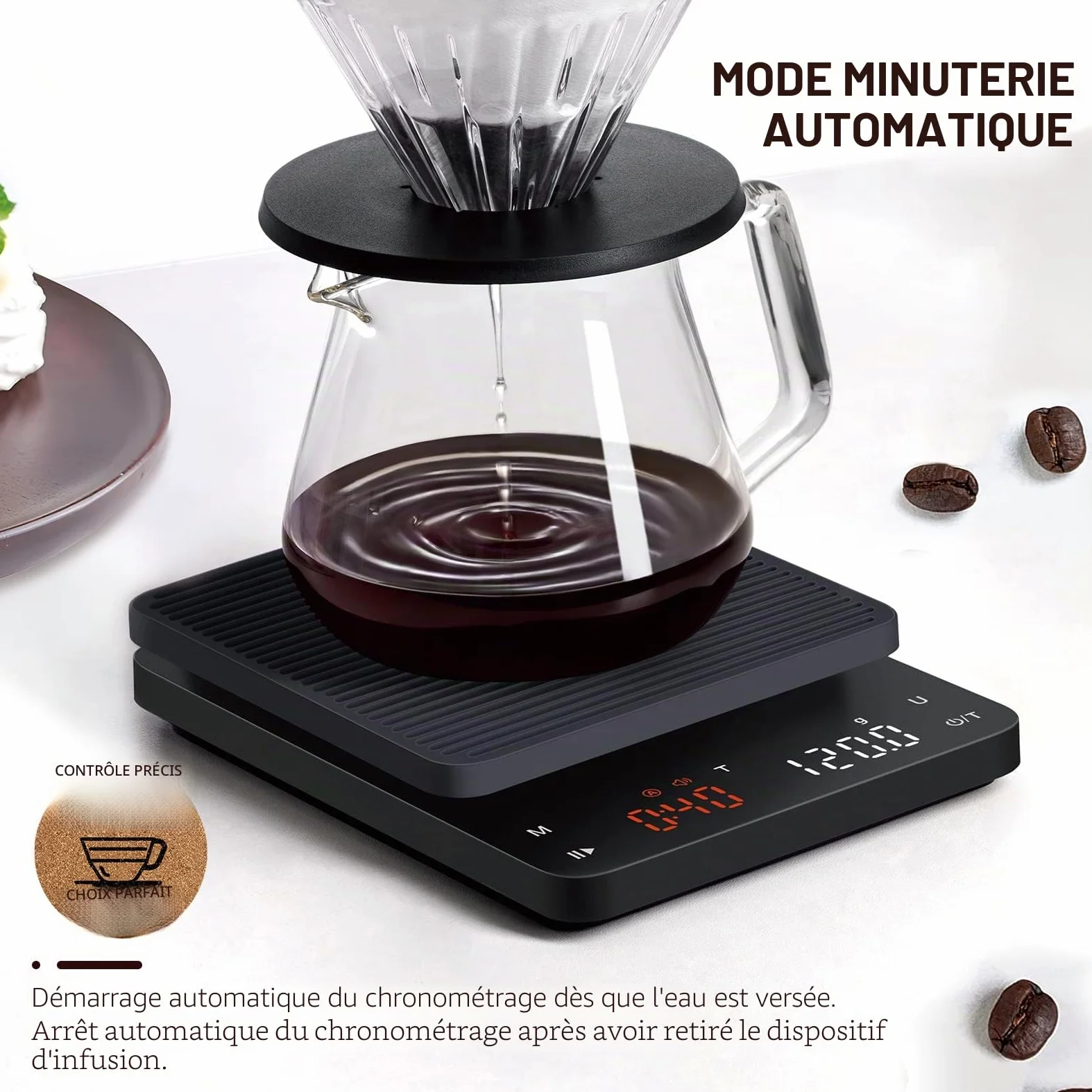 BAGAIL Balance Numérique à Café avec Minuterie, Précision 0.1g, Grand Écran, Tarage Automatique, Boutons Tactiles, Rechargeable pour Café Filtre, Poids Max 3kg
