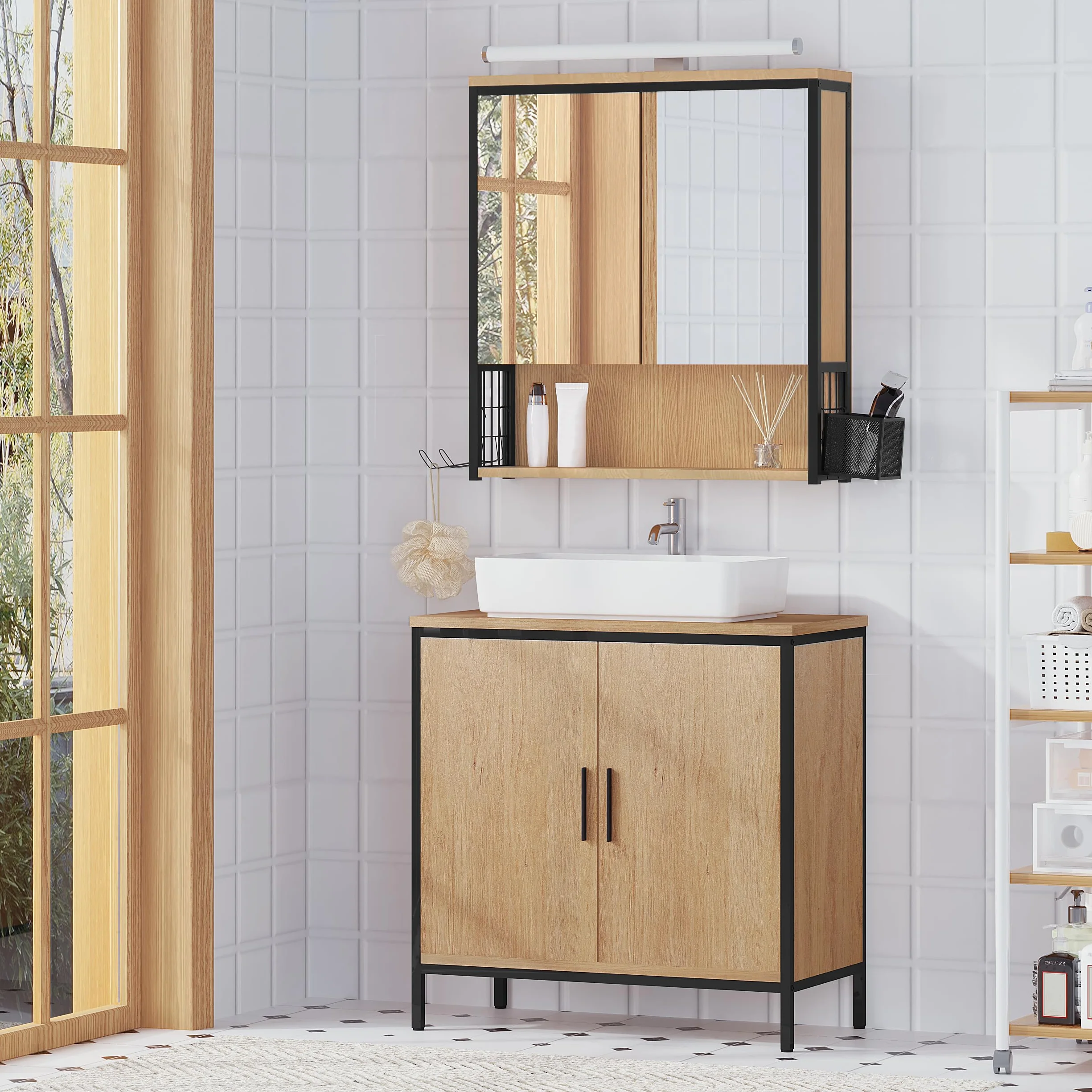 EUGAD Armoire Murale Salle de Bain avec Miroir et LED, Meuble Salle de Bain, Armoire de Toilette, avec Étagère Réglable, Support Sèche-Cheveux, Chêne +Noir