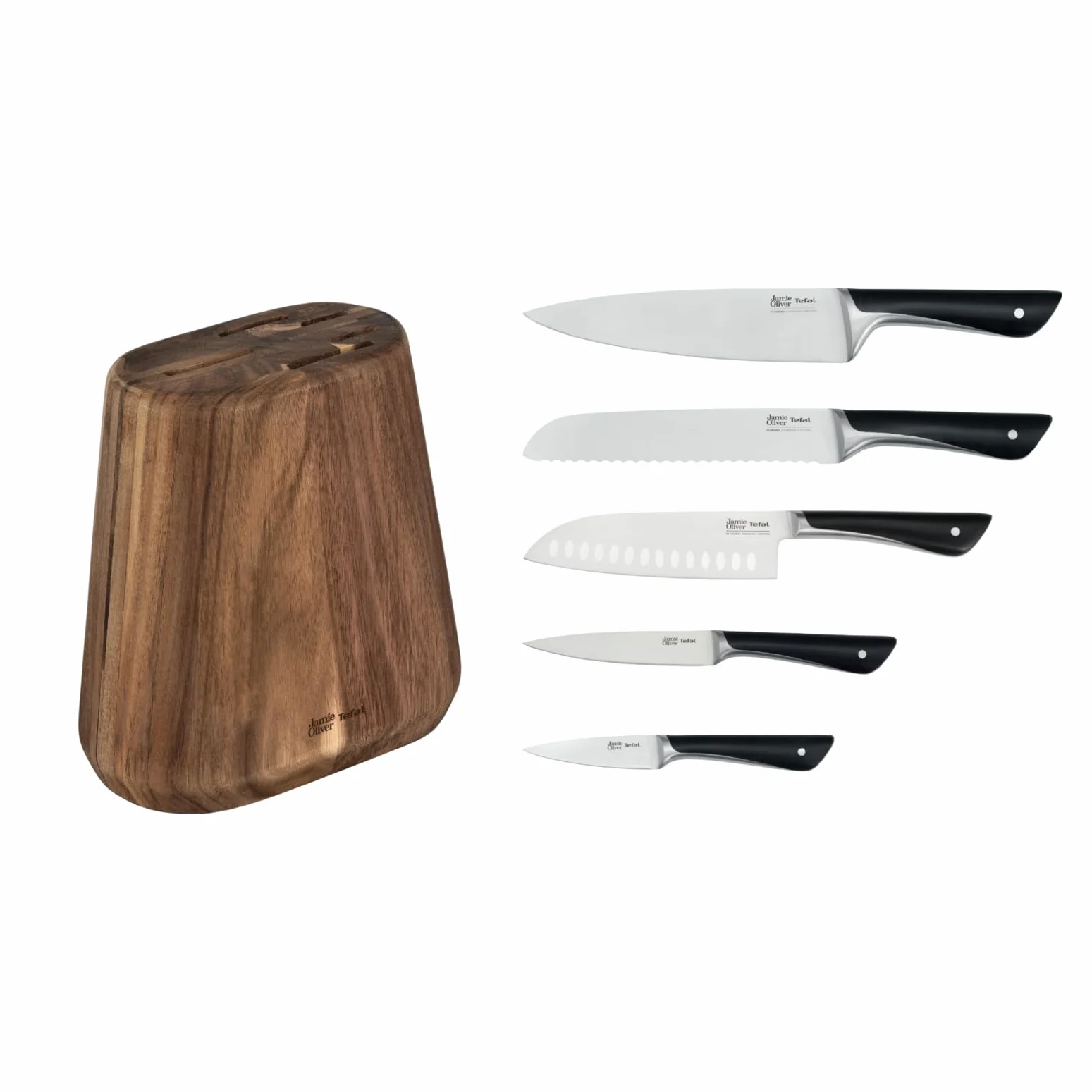 Tefal JAMIE OLIVER by Bloc + 5 Couteaux de cuisine, Chef 20 cm, Santoku 16.5 cm, Pain 20 cm, Utilité 12 cm, Office 9 cm K267S556