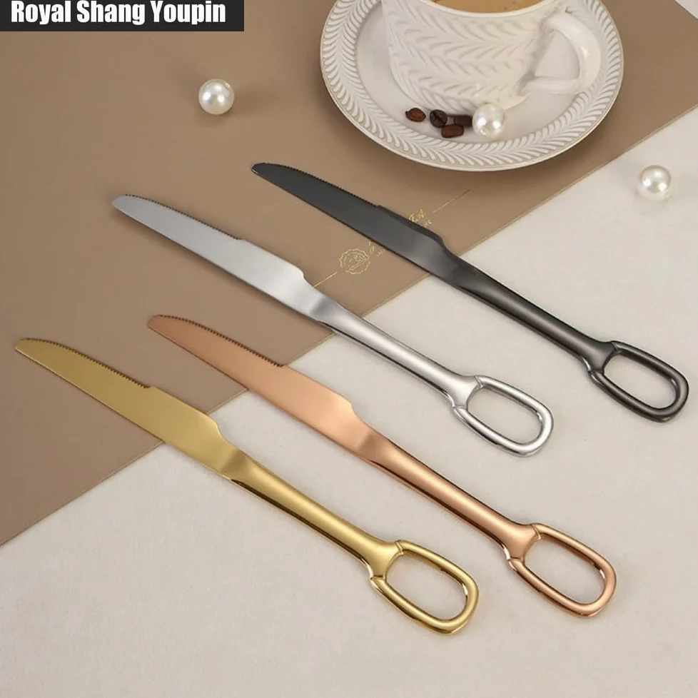 Cuisine Circulaire Trou De Suspension Poignée En Acier Inoxydable Argenterie Vaisselle Couverts Ensemble De Couverts Couteau À Steak Fourchette Cuillère Cuillère À Café (Noir,20 pièces)