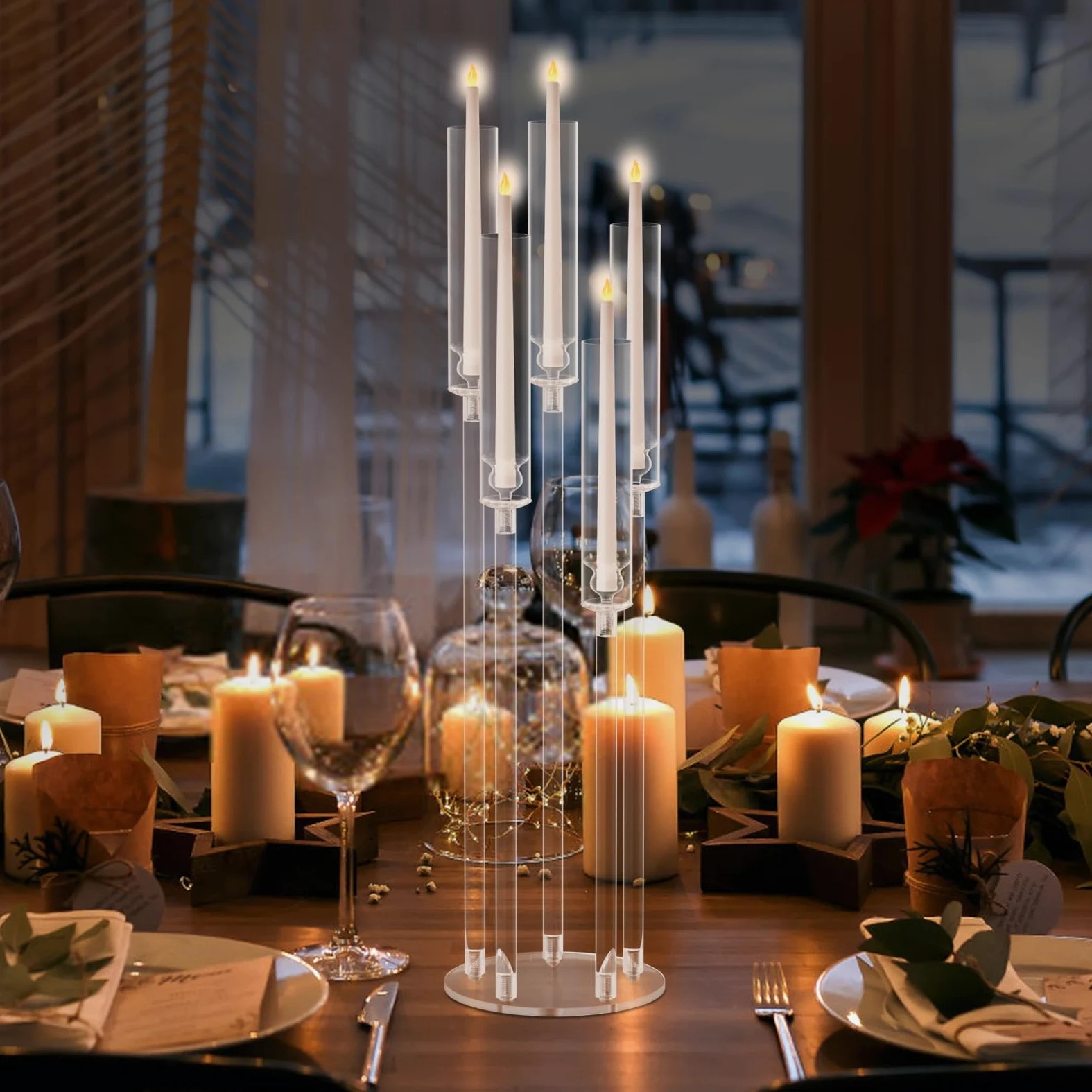 Lot de 4 Centres de Table Candélabres à 5 Bras | Abat-Jour en Acrylique, Pour Bougies LED, Pour Mariages et Dîners, Événements Spéciaux