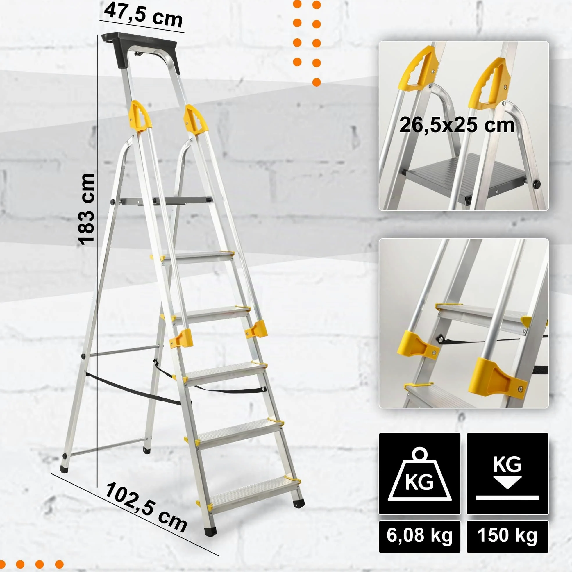 KADAX Échelle en Aluminium avec Une Capacité de Charge de 150 kg, Escabeau avec Conception Robuste pour Travaux Domestiques et Professionnels (6 Marches)