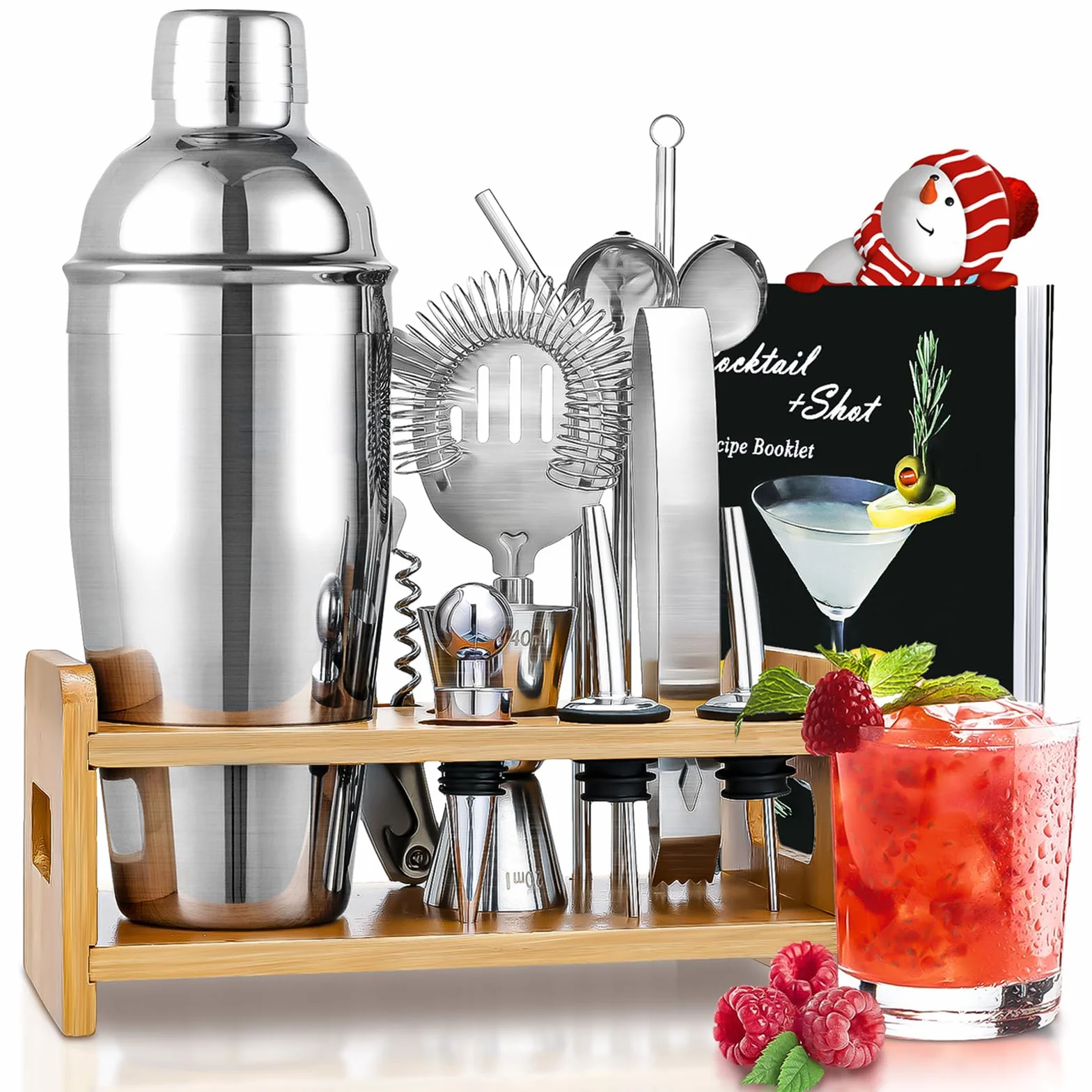 Godmorn Shaker Cocktail Kit 15 pièces, Cocktail Set Bar Kit Bar Tool Set 750 ML, Shaker à Martini en Acier Inoxydable avec Support en Bois, Double Jigger, Cuillère à mélanger, 2 Verseurs, Recettes