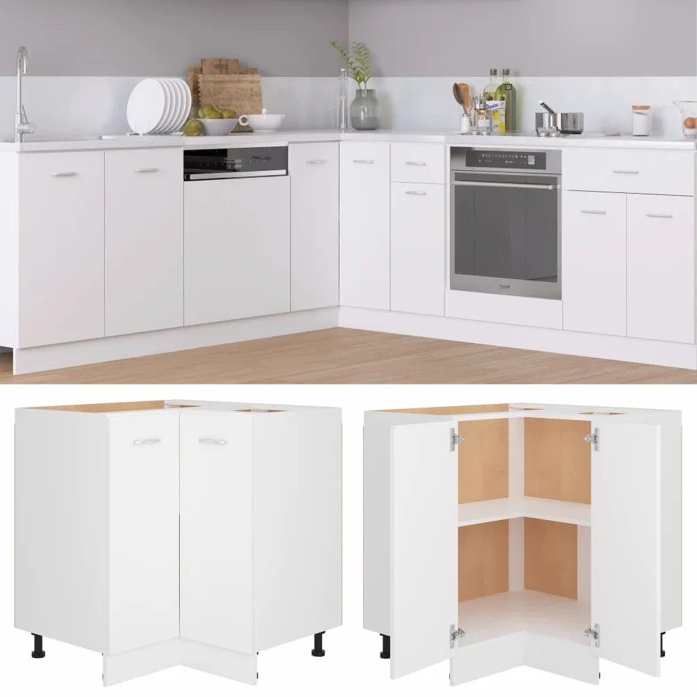 vidaXL Meuble d’Angle Lyon, 75,5x75,5x81,5 cm, Bois reconstitué, Blanc, Rangement Salle de Bain & Cuisine, Placard sous évier, Fixation Murale, Organisateur Maison