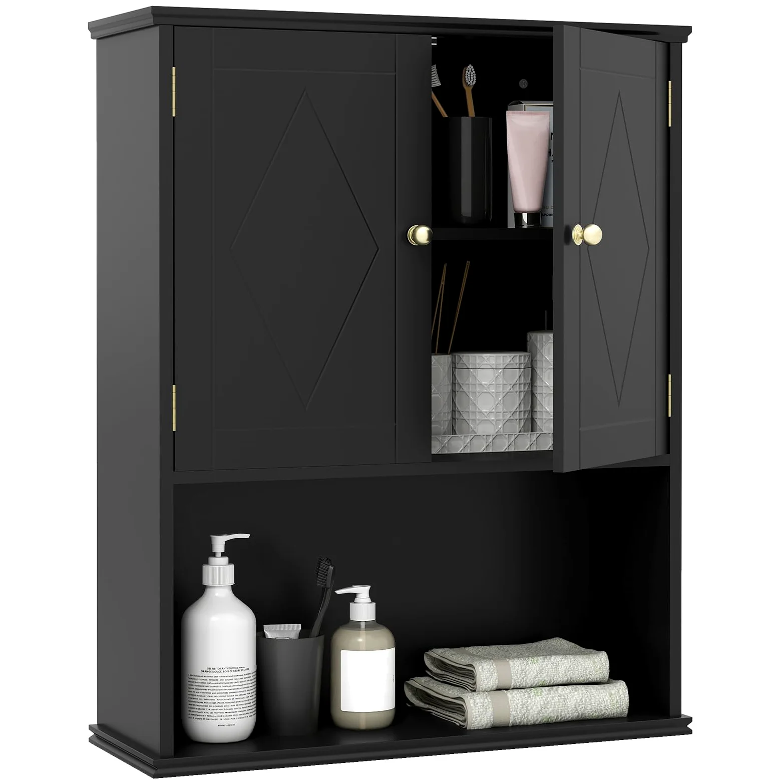 COSTWAY Armoire Murale Salle de Bain, Meuble WC Suspendu avec 2 Portes, Étagère Réglable, Compartiment Ouvert, Style Ferme, Gain de Place, pour Toilette, Buanderie, Cuisine, 21 x 60 x 75 cm (Noir)
