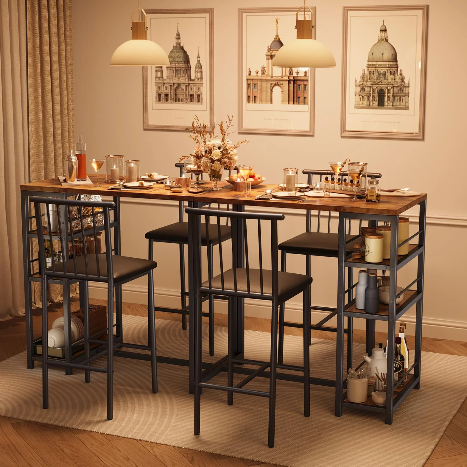 Xbro Ensemble Table de Bar avec 2 Chaises Rembourrées, Table de Bistrot pour Cuisine avec 3 Étagères (Marron)