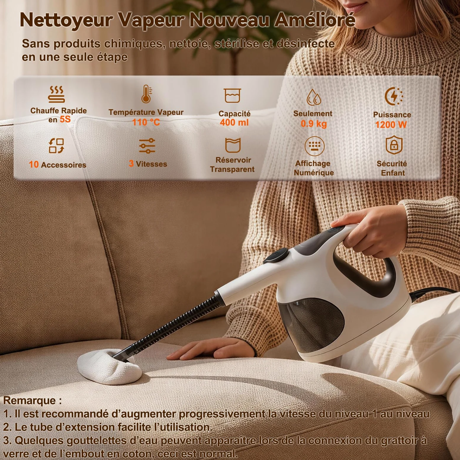 Nettoyeur Vapeur à Main 5S Chauffe Rapide, Steam Cleaner Poids Optimisé (Seulement 0.92 kg), 400ML Réservoir Transparent (Remplissage Facile),avec 10 Accessoires