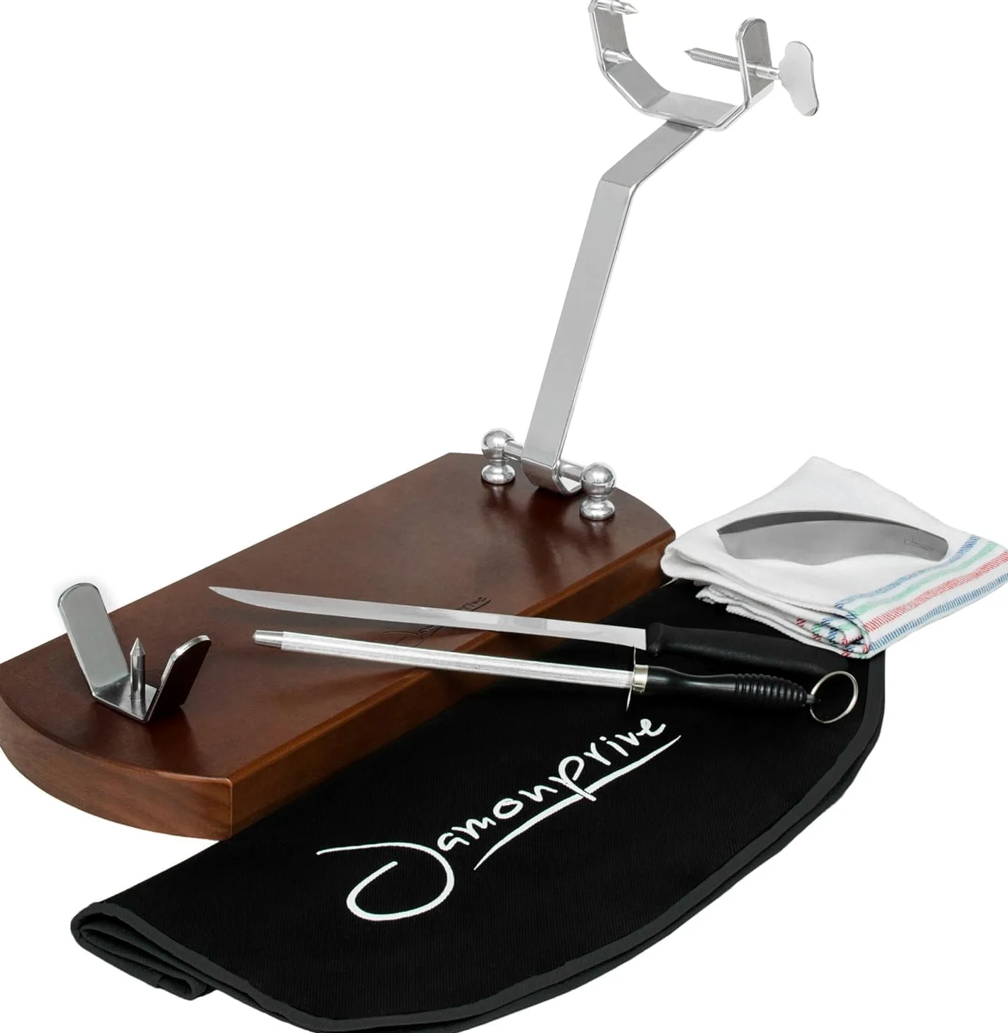 Support à Jambon Pliable avec Base Antidérapante + Couteau + Fusil à Aiguiser + Couvre Jambon + Torchon + Pinces- Kit de Tranchage Professionnel pour Jambon Serrano, Ibérique et Prosciutto