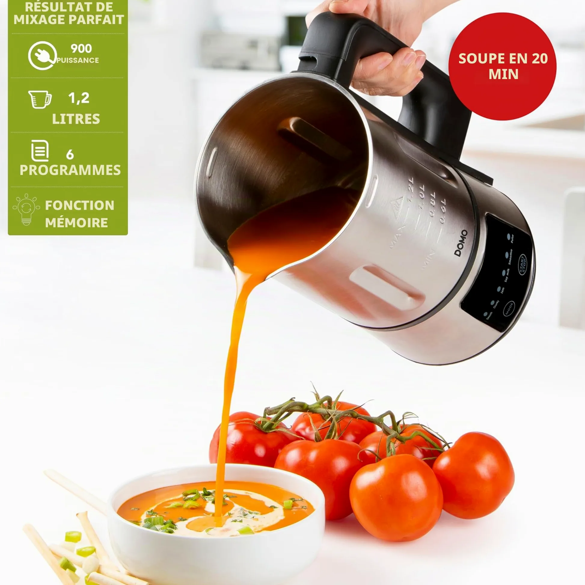DOMO DO727BL - Blender Mixeur - 1.2L - Soupe Maker avec 6 Programmes - Smooth, chunky, Confiture, Smoothie, lait végétal, Nettoyage/Pulse - Argenté