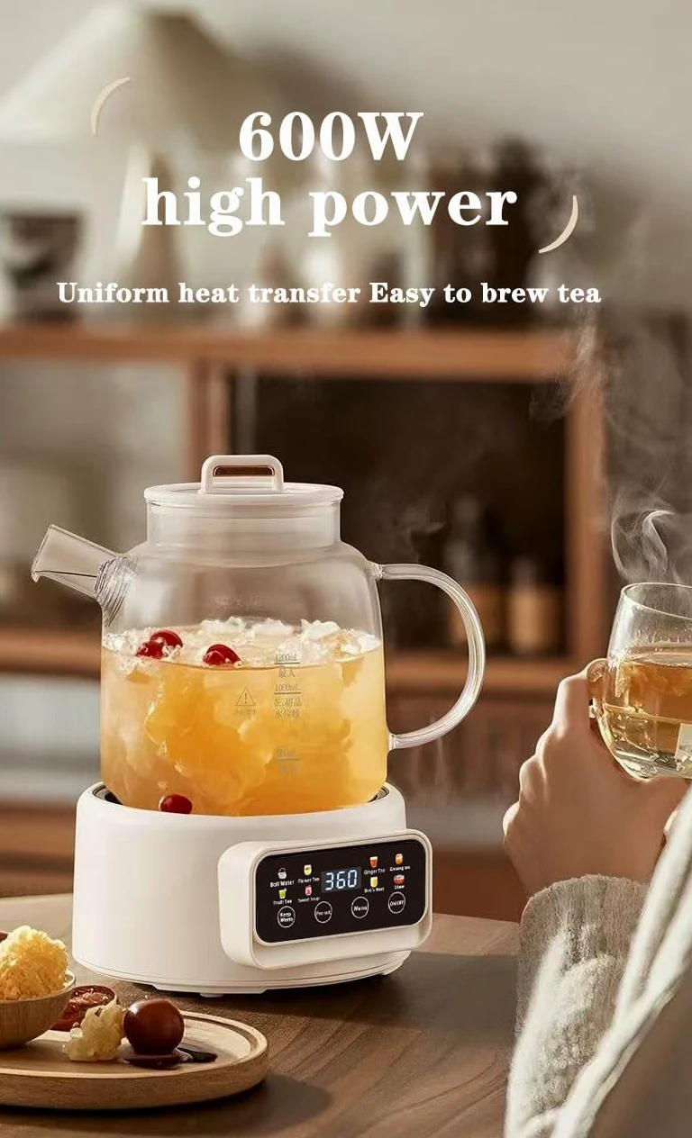 Théière Électrique Multifonction 1200ml, 8 Modes de Préparation, Base Chauffante avec Écran Digital, Carafe en Verre, Blanc