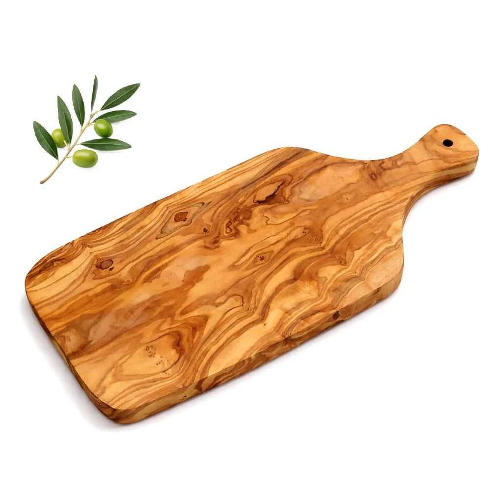 Planche à Découper Artisanale avec Poignée en Bois d'Olivier Naturel - Fabriquée à la Main - 40 cm