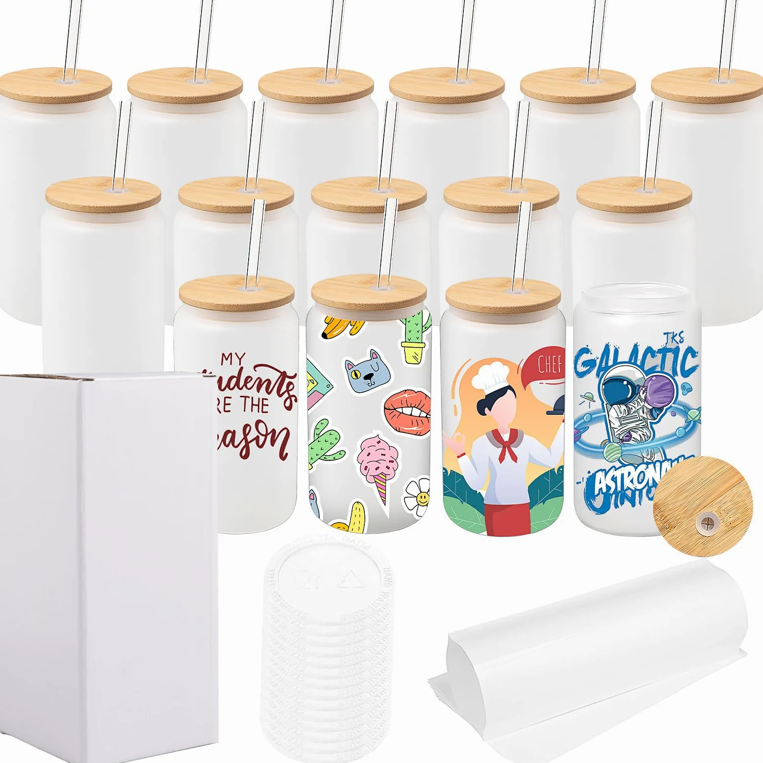 Lot de 12 Verres Givrés à Sublimation 16oz, Gobelets en Verre Borosilicate avec Couvercles en Bambou et Pailles, Blanks pour Bière, Jus, Soda, Café Glacé, Boissons