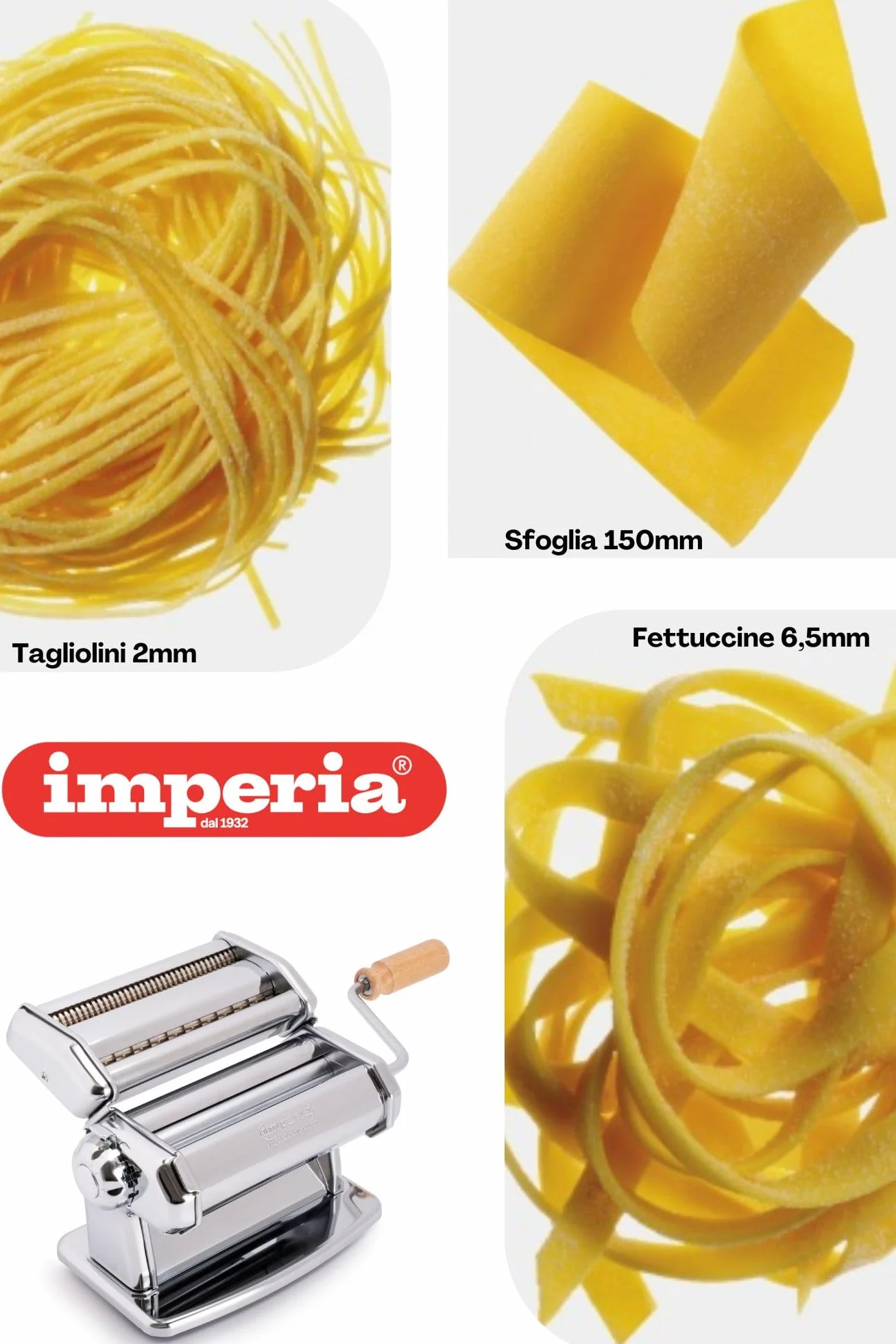 Imperia IPASTA Ligne Imperia. Machine à pâtes 100% fabriquée en Italie. Machine à pâtes fraîches en acier. Laminoir manuel à manivelle pour lasagnes, tagliolini et fettuccine. Chromé.
