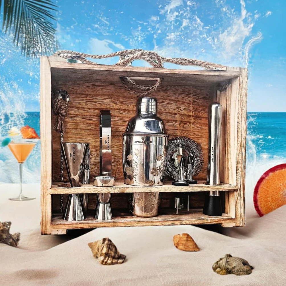 shakers à cocktails16 Pièces, Professionnel | Shaker à Cocktail 550ml, Acier Inoxydable | Kit Cocktail,Shaker Barman,kit Cocktail | Service à Cocktail avec Coffret en Bois précieux.