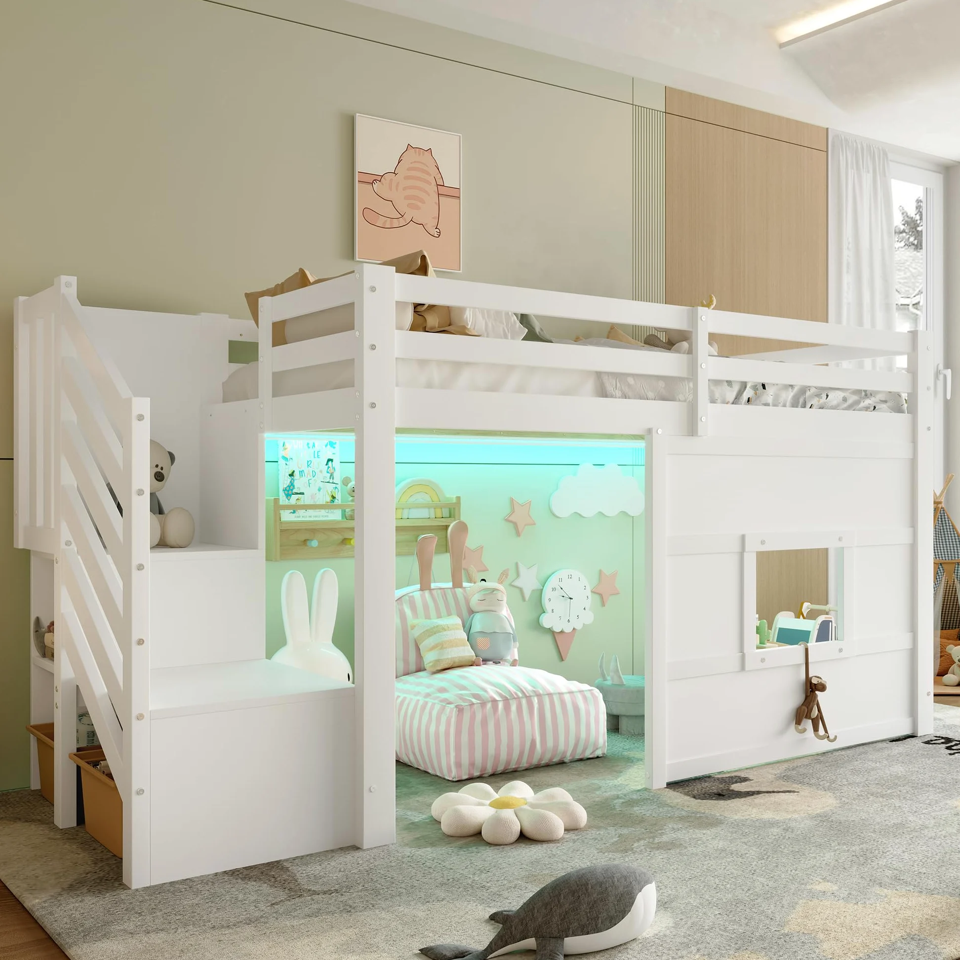 Sapgaks Lit Mezzanine Enfant 90x200 avec éclairage LED,lit mi Hauteur avec escalier de Rangement et fenêtre,Cadre de lit Enfant 90x200 (J-Blanc 90)