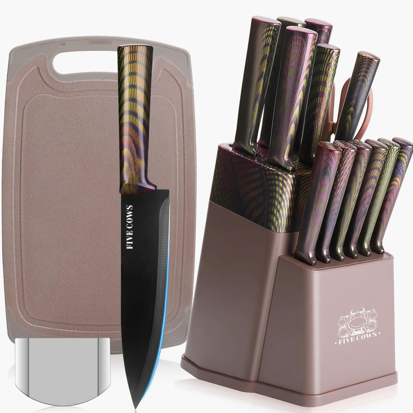 Couteau Cuisine, 16 pièces, Bloc couteaux de cuisine avec Affûteur Intégré, avec planche a decouper, ciseaux de cuisine et couteaux de chef, Couteaux et Ustensiles de Cuisine(Violet)