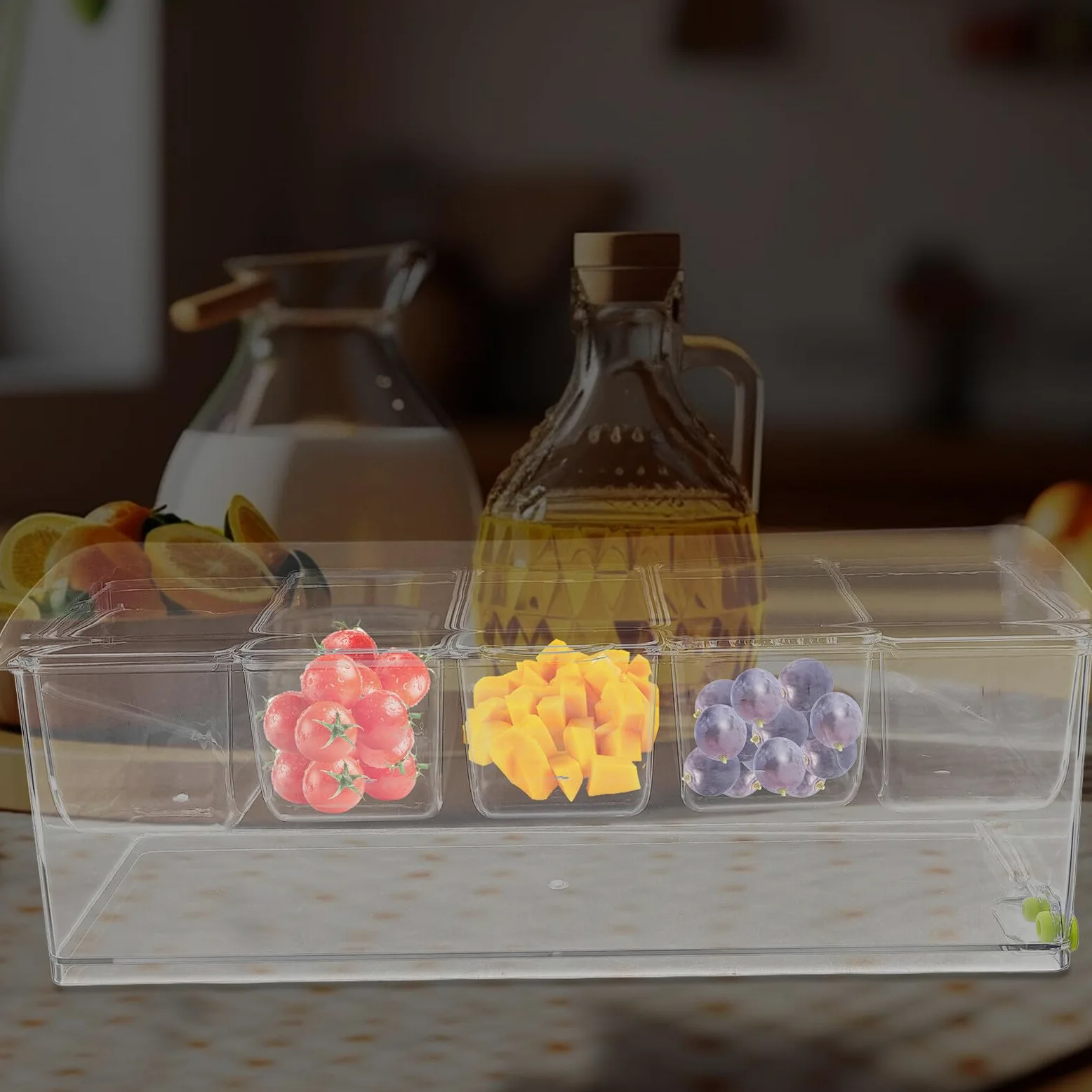 Plateau à Condiments Réfrigéré en Plastique Transparent 5 Compartiments avec Couvercle Plateau à Garnitures pour Bar et Buffet Service de Fruits Légumes et Sauces pour
