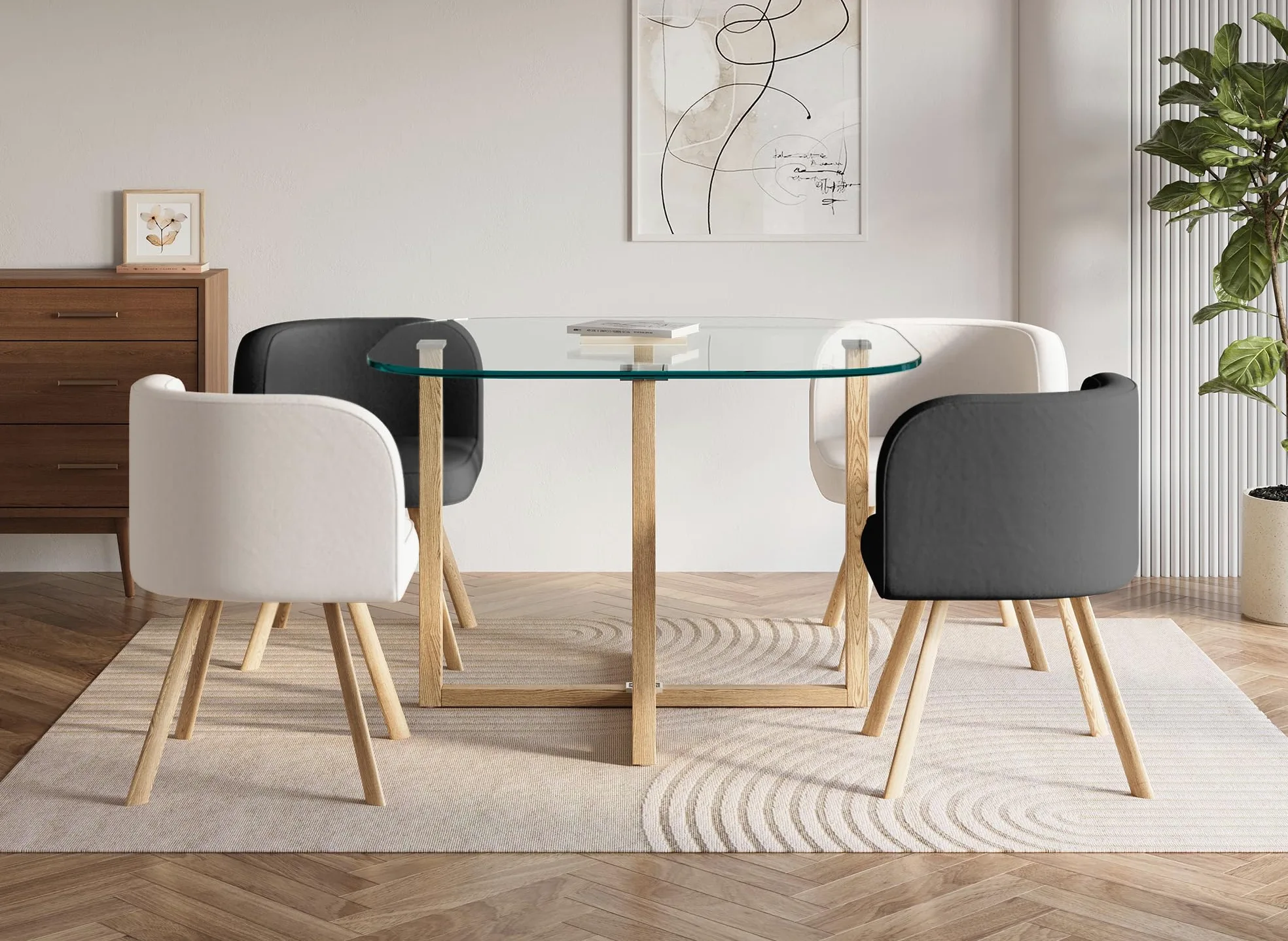 DecoInParis Ensemble Table à Manger en Verre + 4 chaises Noires et Blanches FLEN