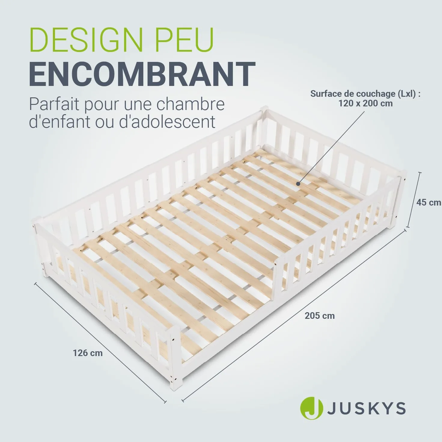 Juskys Lit au Sol Enfant Naya 120x200 cm avec Barrière de Sécurité et Sommier à Lattes, Lit à barreaux Montessori en Bois Massif Pin pour Enfants et Adolescent, Blanc