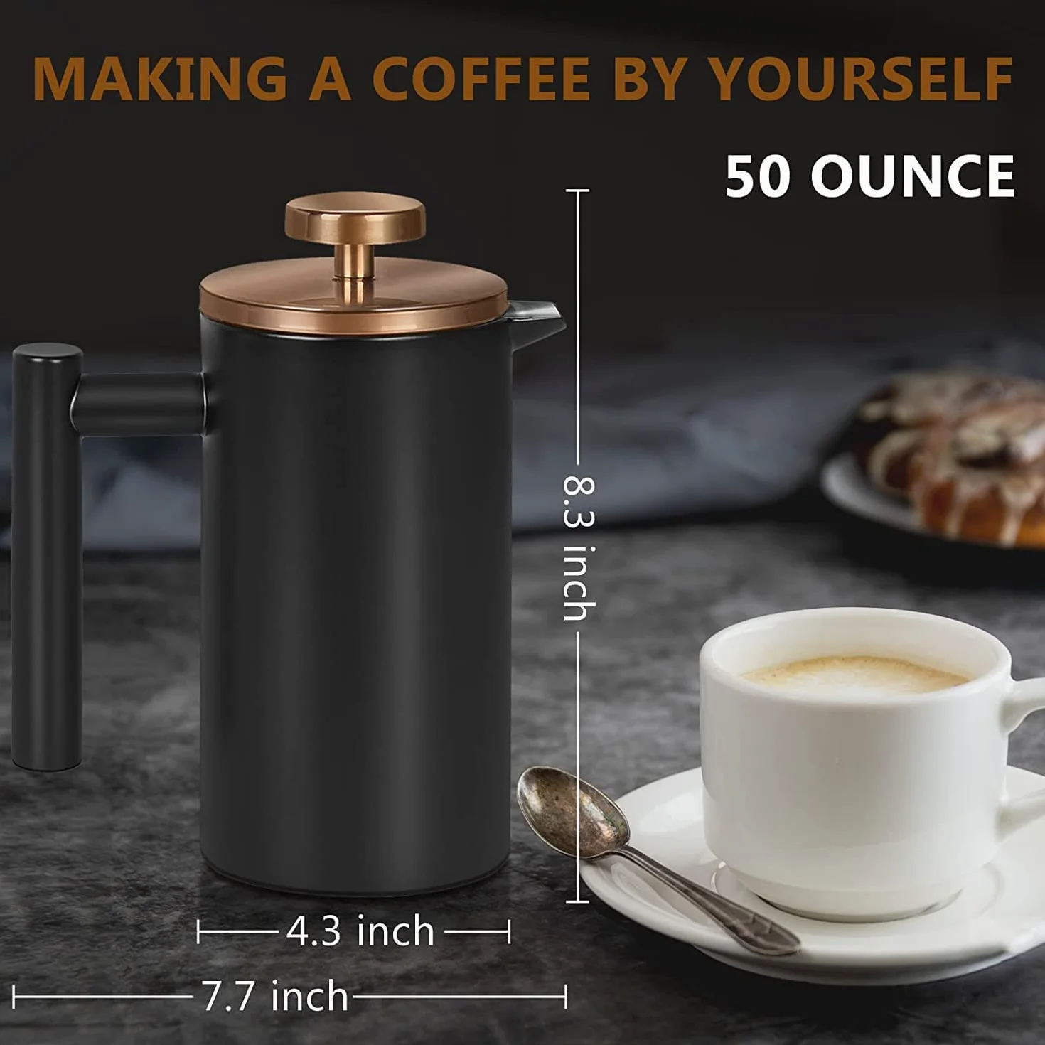 Grande cafetière à piston isotherme en acier inoxydable de 1,5 l, double paroi pour garder le café et le thé au chaud, bonus avec 2 filtres à café - Noir (1500 ml)