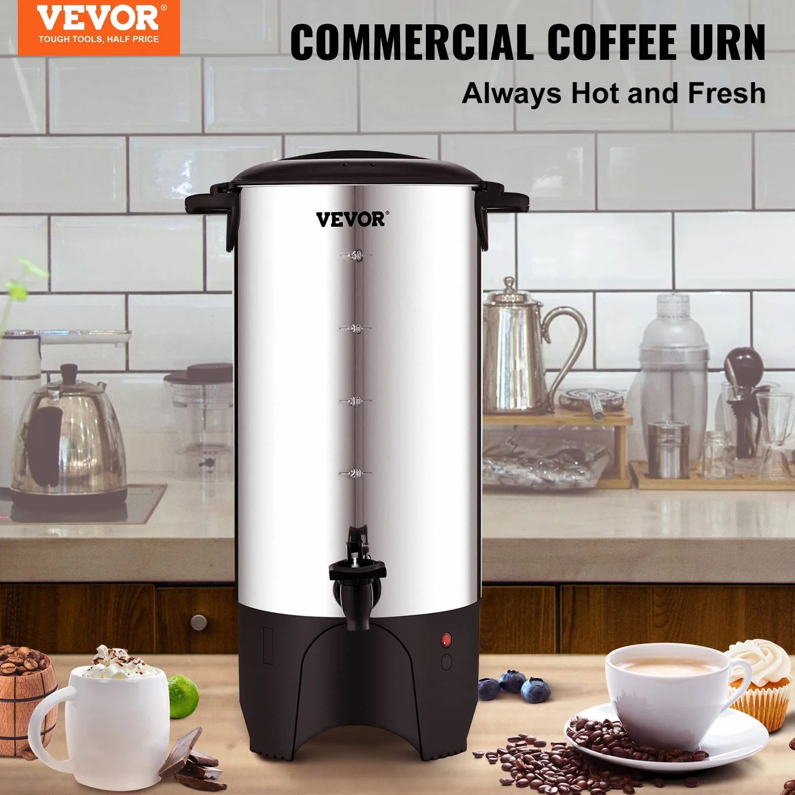 VEVOR Percolateur à Café 7,4 L 50 Tasses Distributeur de Boissons Chaudes en Acier Inoxydable Filtre Permanent Marmite à Vin Chaud 90-98 ℃ Maintenu Infusion Rapide Appareil Chauffe Eau Thé Chocolat