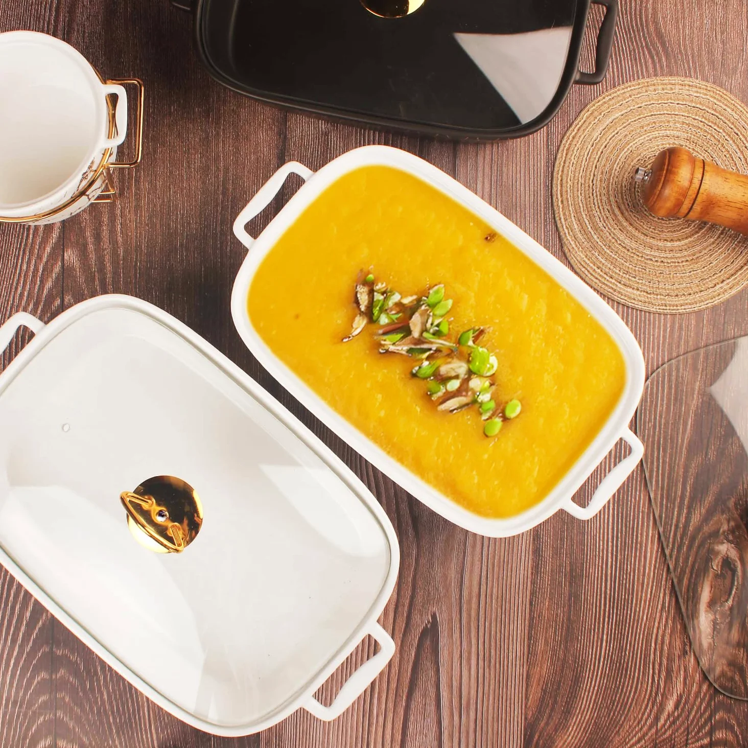 plat à gratin rectangulaire en porcelaine avec couvercle en verre, terrine de soupe de 1500 ML pour servir, plat chauffant pour buffets, plateau pour conserver les aliments, plat à gratin