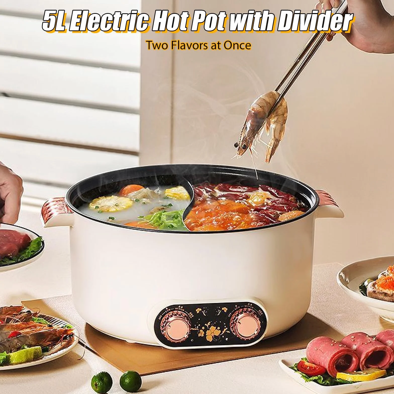 Casserole électrique à 2 côtés avec deux régulateurs 5 L marmite électrique 1350 W trois réglages de puissance poêle à frire antiadhésive multifonction rapide poêle à soupe pour rôtir ramen