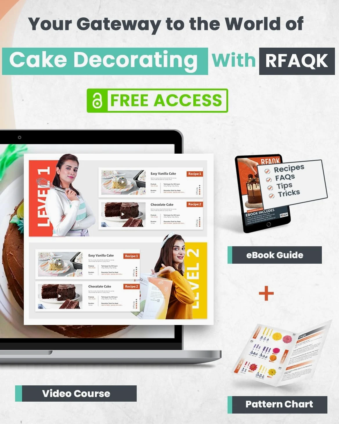 RFAQK Kit de décoration de gâteaux 65 pièces avec plateau tournant - 24 douilles numérotées avec tableau de motifs et livre électronique - Spatule droite et décalée - 30 poches à glaçage - 3 grattoirs