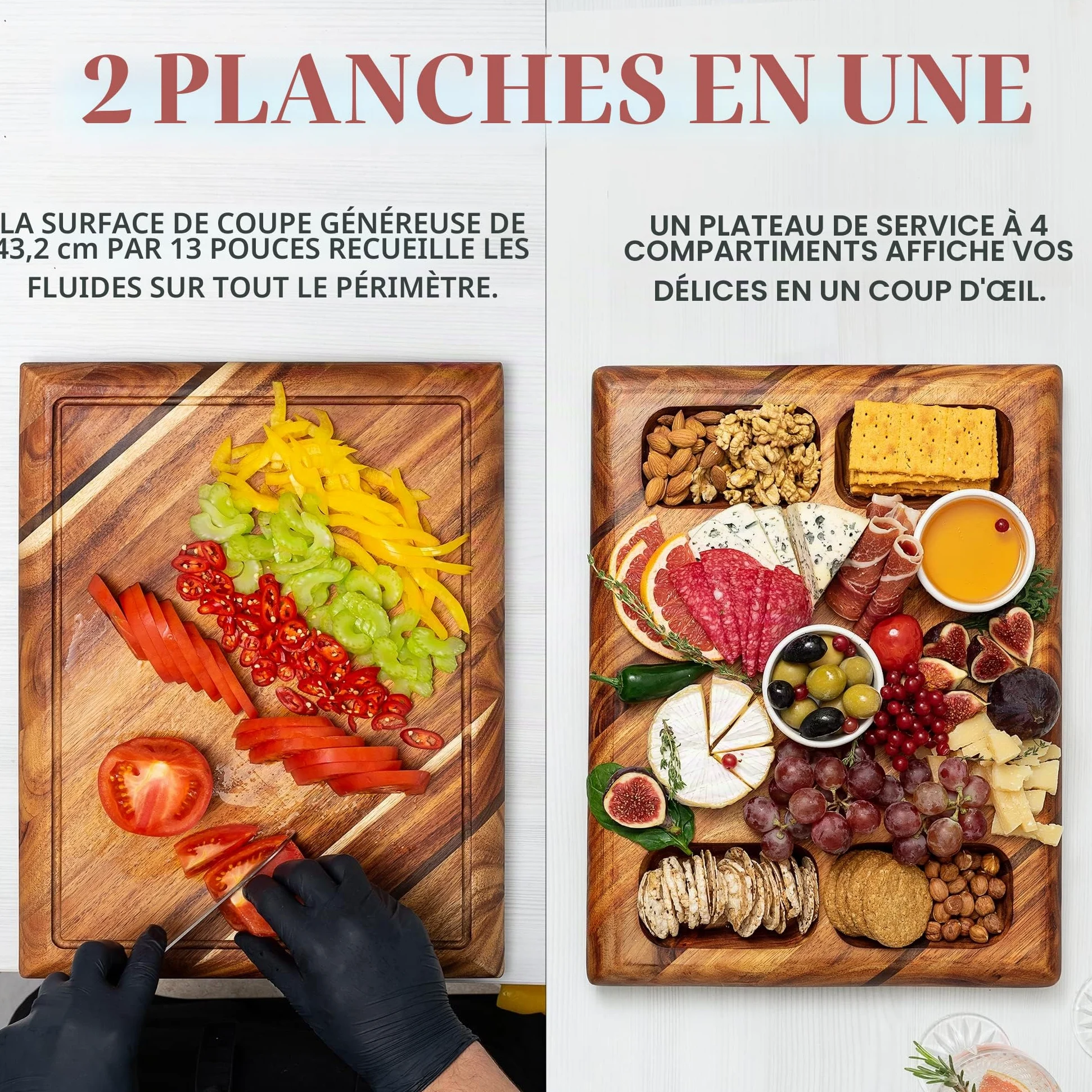 Planche à Découper Bois Contour - Grande Planche a Decouper en Acacia en Bois Durable, avec rainure pour les liquides - Peut être utilisée comme planche de service, 4 compartiments - 43 x 33 x 3,8