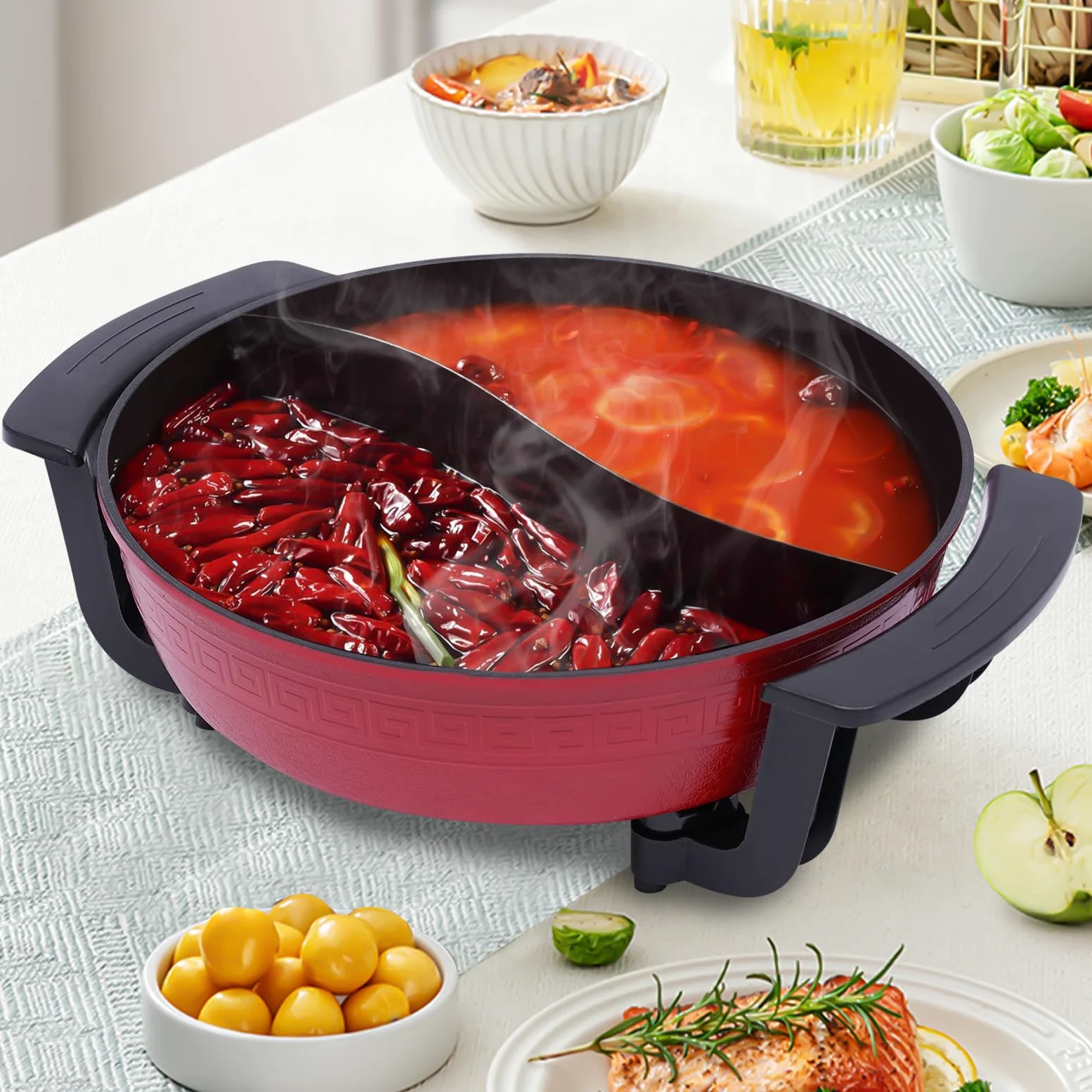 1300W 6L Twin Hot Pot Pot Pot avec couvercle Hotpot électrique 2 Pièces Cuisine Cuisine Outil de cuisine Rouge