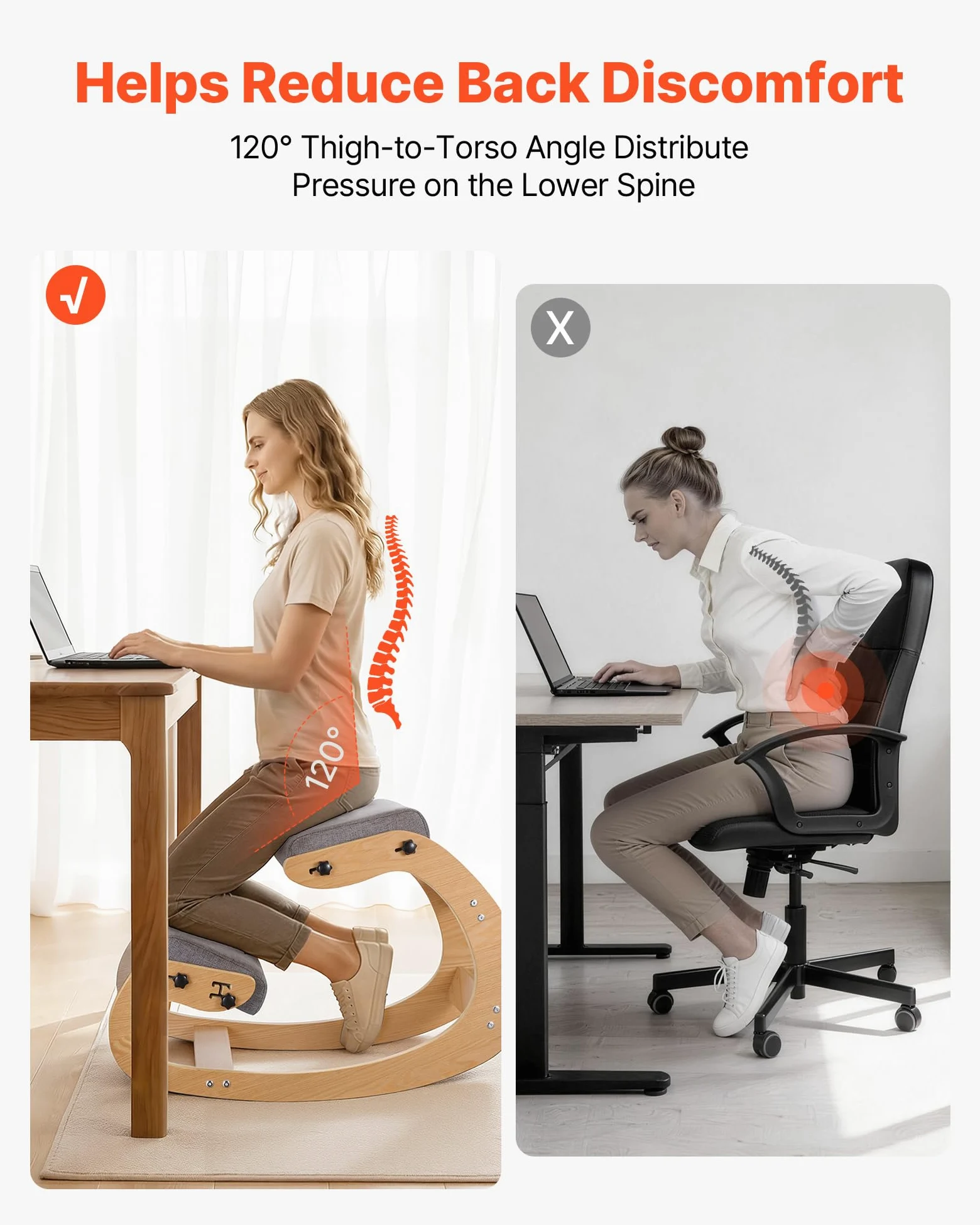 VEVOR Chaise à Genoux Ergonomique, Siège Assis Genoux Coussins en Mousse Épaisse, Réglables à 3 Niveaux, pour Maison Bureau Méditation, Cadre en Bois Massif, Soulage Tensions du Cou et du Dos, Grise