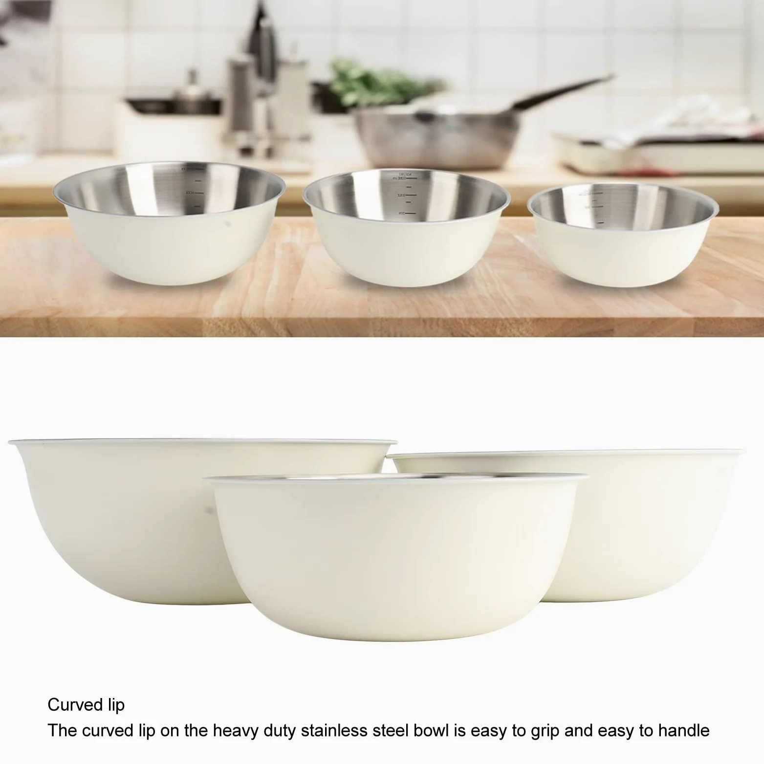 3 Pcs Bols à Mélanger avec Balance, Bassin à Salade Japonais en Acier Inoxydable Cuisson Pétrir la Pâte Bol à œufs Cuisine Organisateurs de Stockage des Aliments(Blanc)