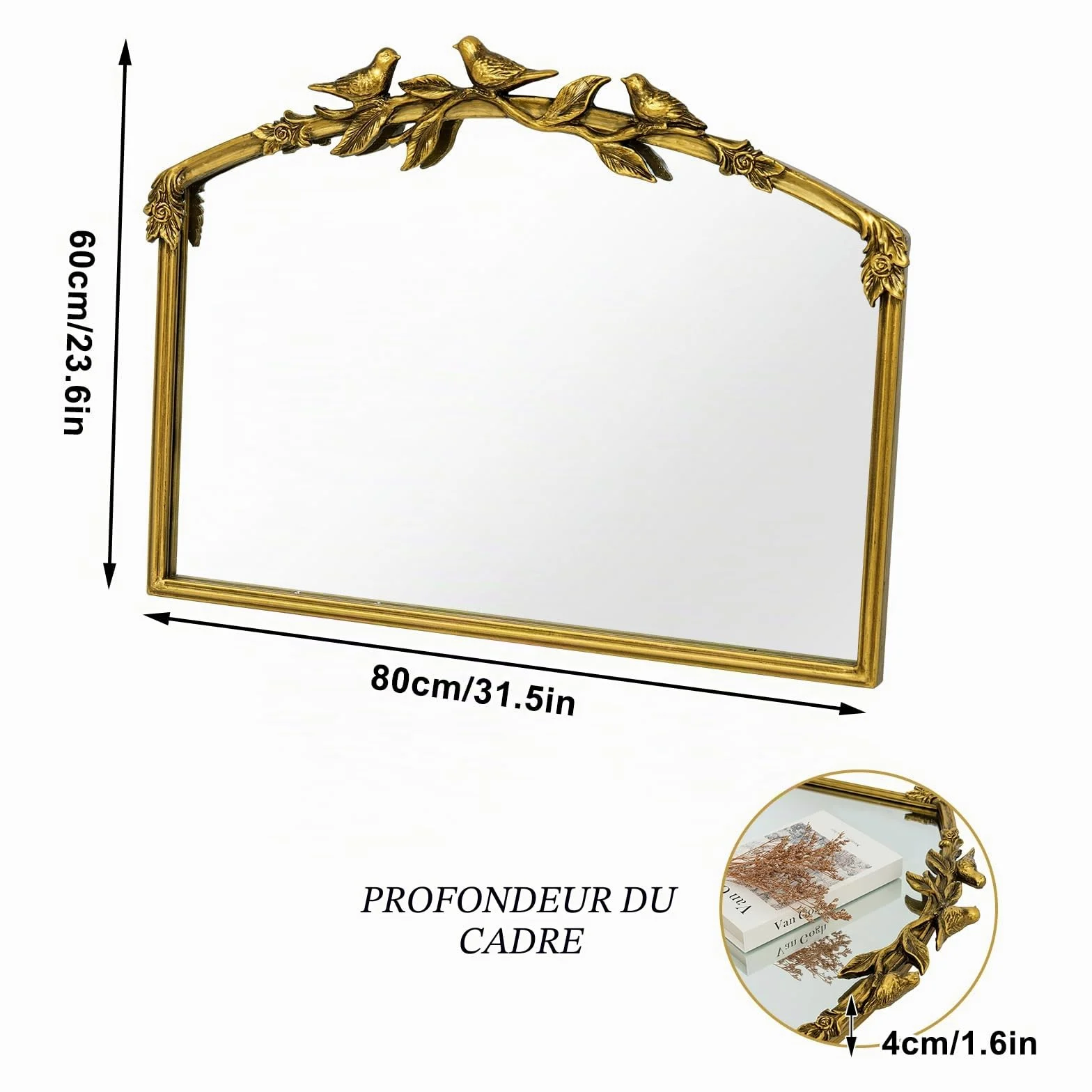 Miroir Baroque doré Antique 80 x 60(H) cm – Cadre Vintage en Fonte avec Fleurs en résine sculptées à la Main, Miroir Mural incassable pour Salle de Bain, Salon et Chambre à Coucher