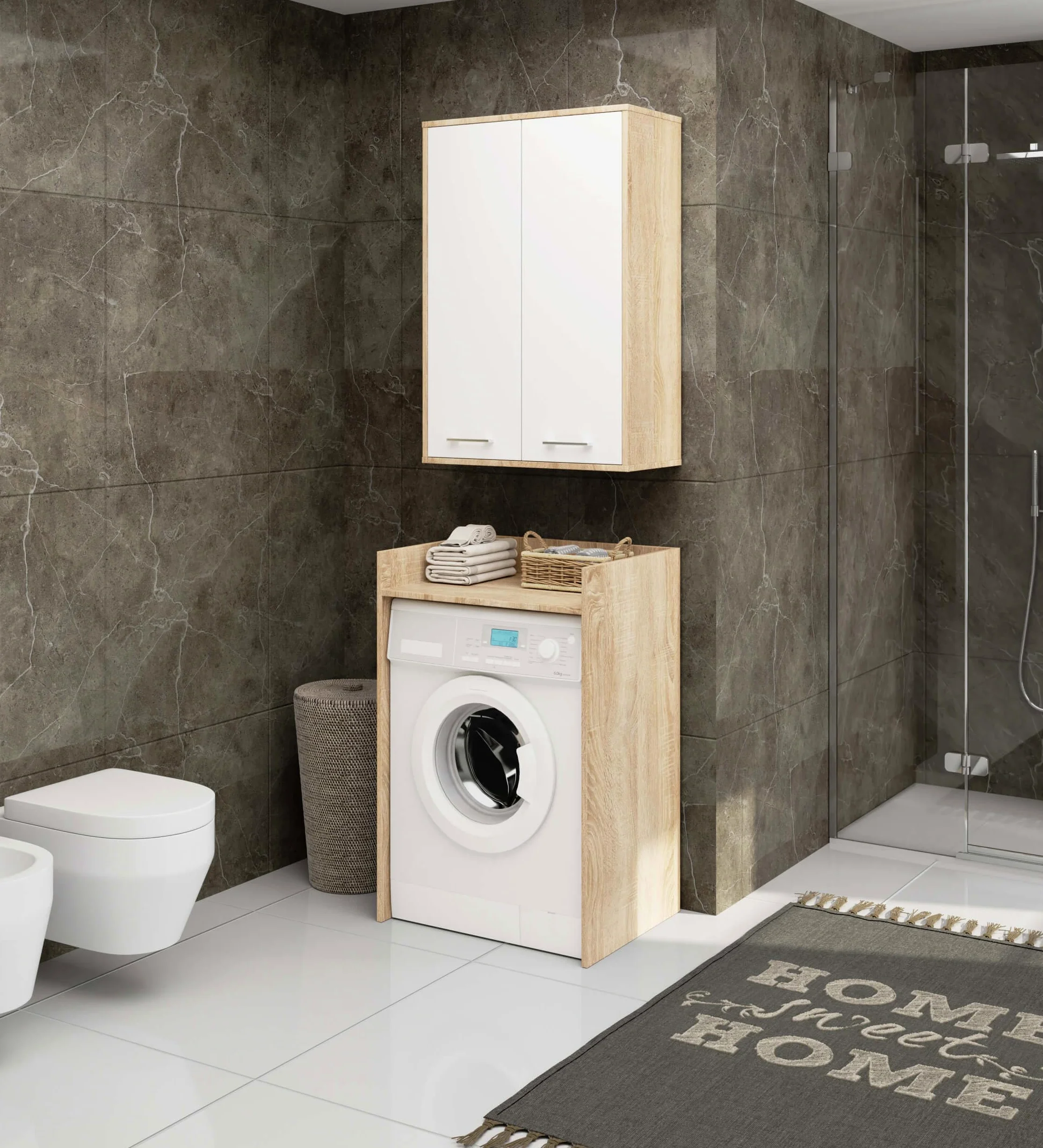 AKORD Meuble Salle de Bain Suspendu Fin 64 cm - 2 Portes, 4 Étagères - Armoire Murale 64x94x30 cm - Meuble Haut WC - Compact, Moderne - Idéal pour Petits Espaces - Chêne de Sonoma & Blanc