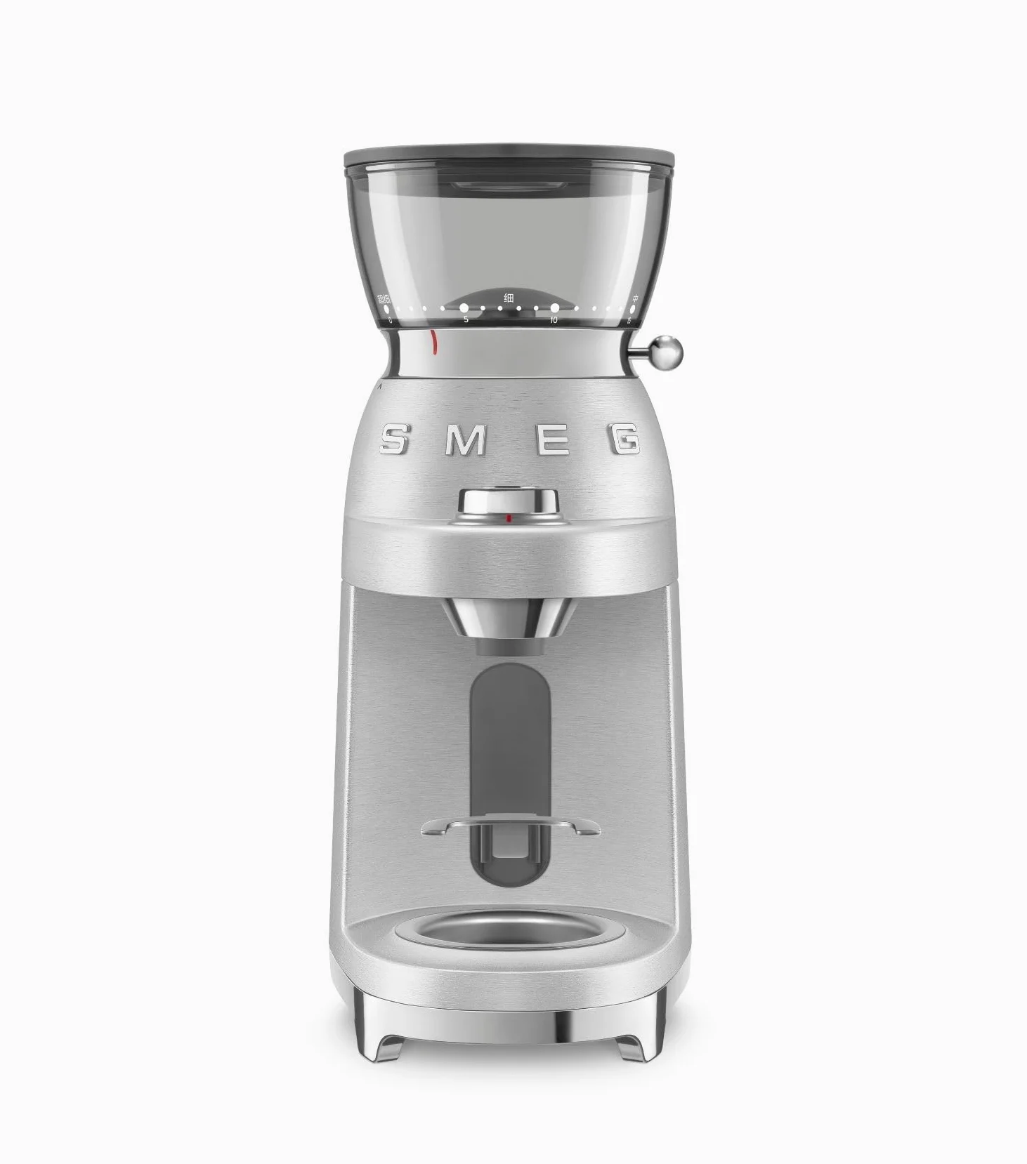 Smeg, Moulin à Café CGF02SSEU, Mouture Réglable, 50 Niveaux de Mouture, Réservoir à Grains de café 240g, Fonction Café Simple et Double, Système Antistatique, 150W, Aluminium Brossé