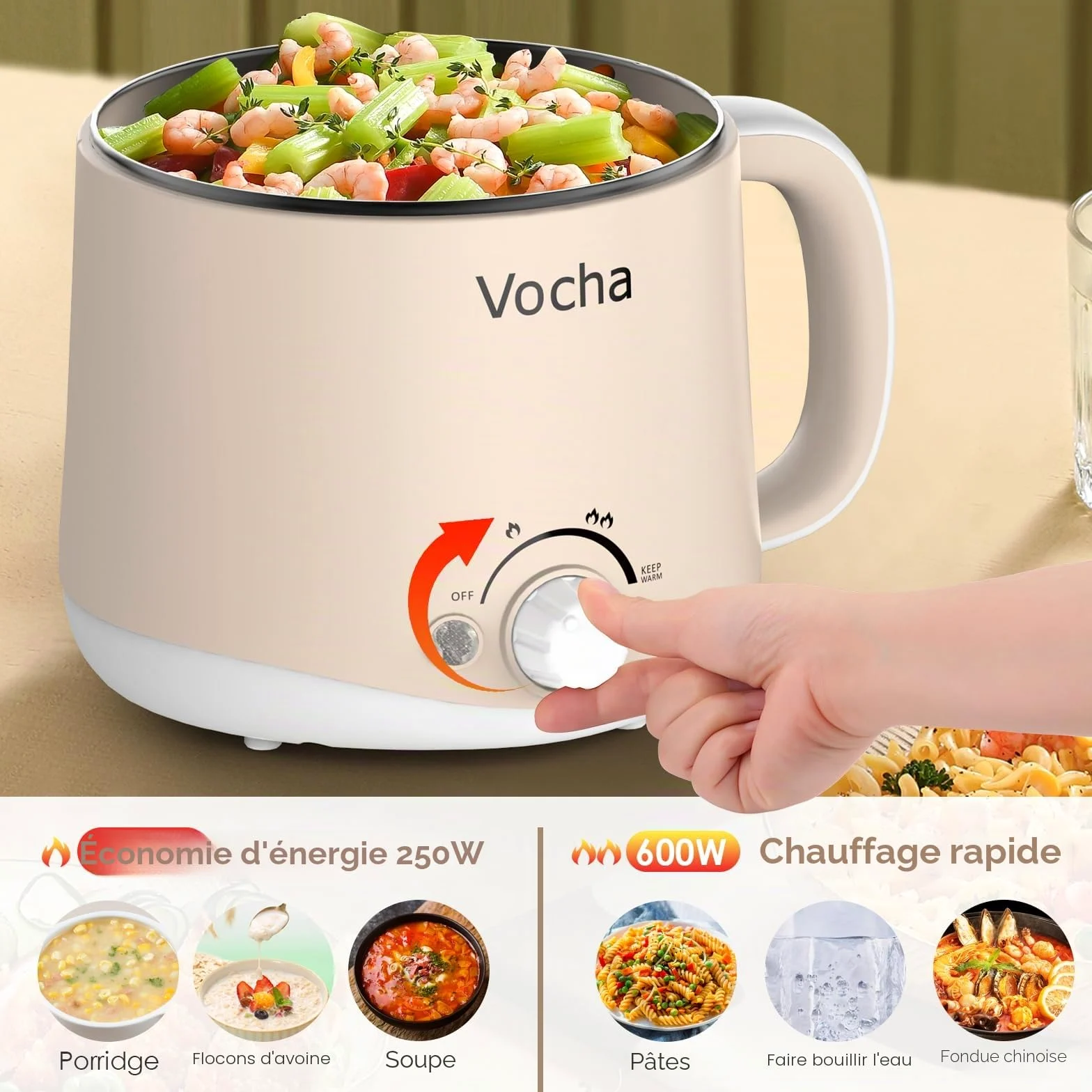 Vocha Marmite électrique avec fonction de maintien au chaud, poêle électrique anti-adhésive de 1,6 L, cuiseur de voyage portable, multicuiseur pour pâtes, nouilles, soupes, œufs durs, légumes (beige)